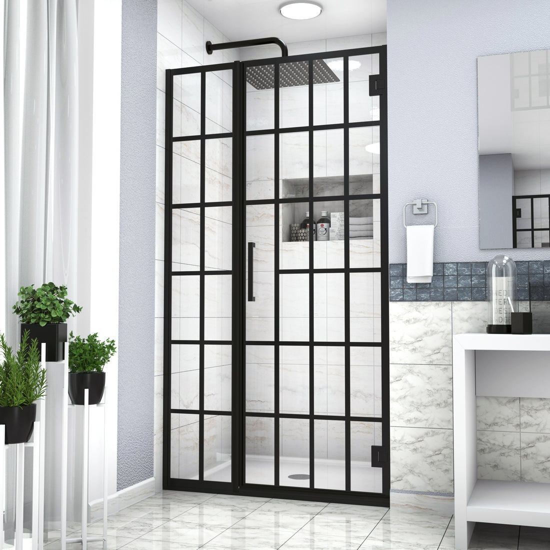 Shower Door 40" W X 72" H Pivot Frameless Shower Door With Pattern Glass, Open Entry Design In Matte Black Matte Black Glass