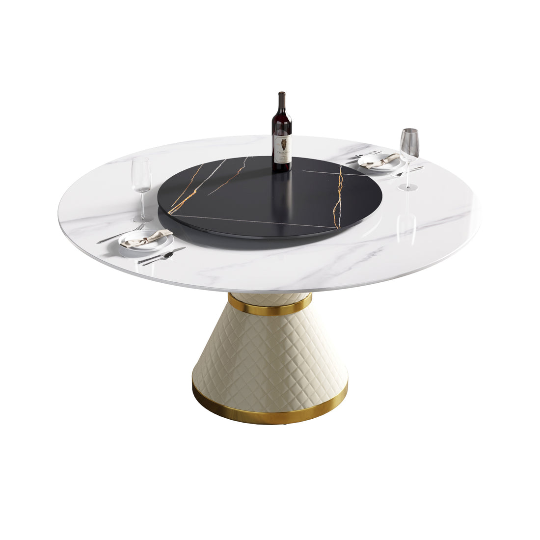 59.05"Modern Artificial Stone Round White Carbon Steel Base Dining Table Can Accommodate 6 People 31.5"Black Artificial Stone Turntable White Black Metal Marble