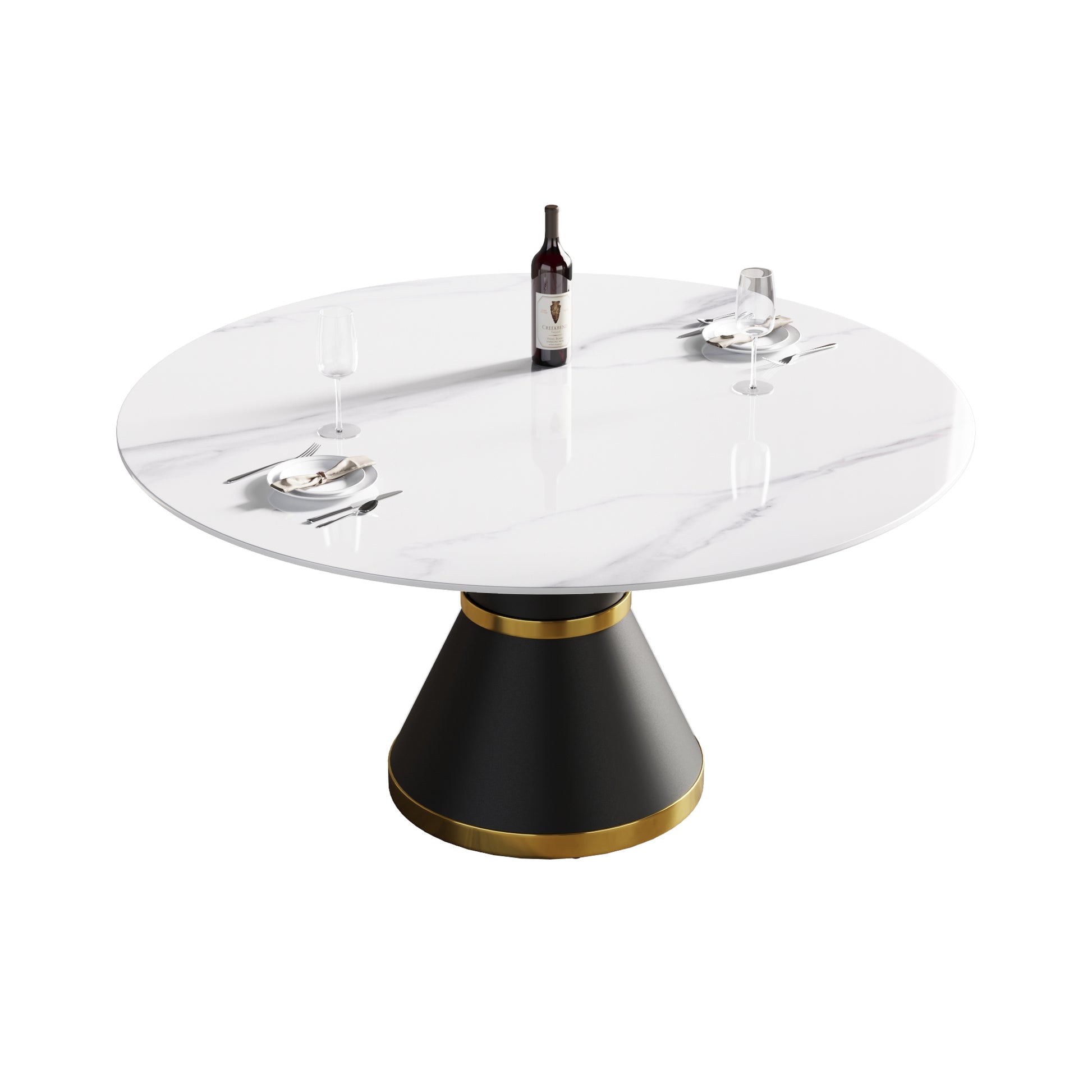 59.05"Modern Artificial Stone Round Black Carbon Steel Base Dining Table Can Accommodate 6 People White Metal Marble