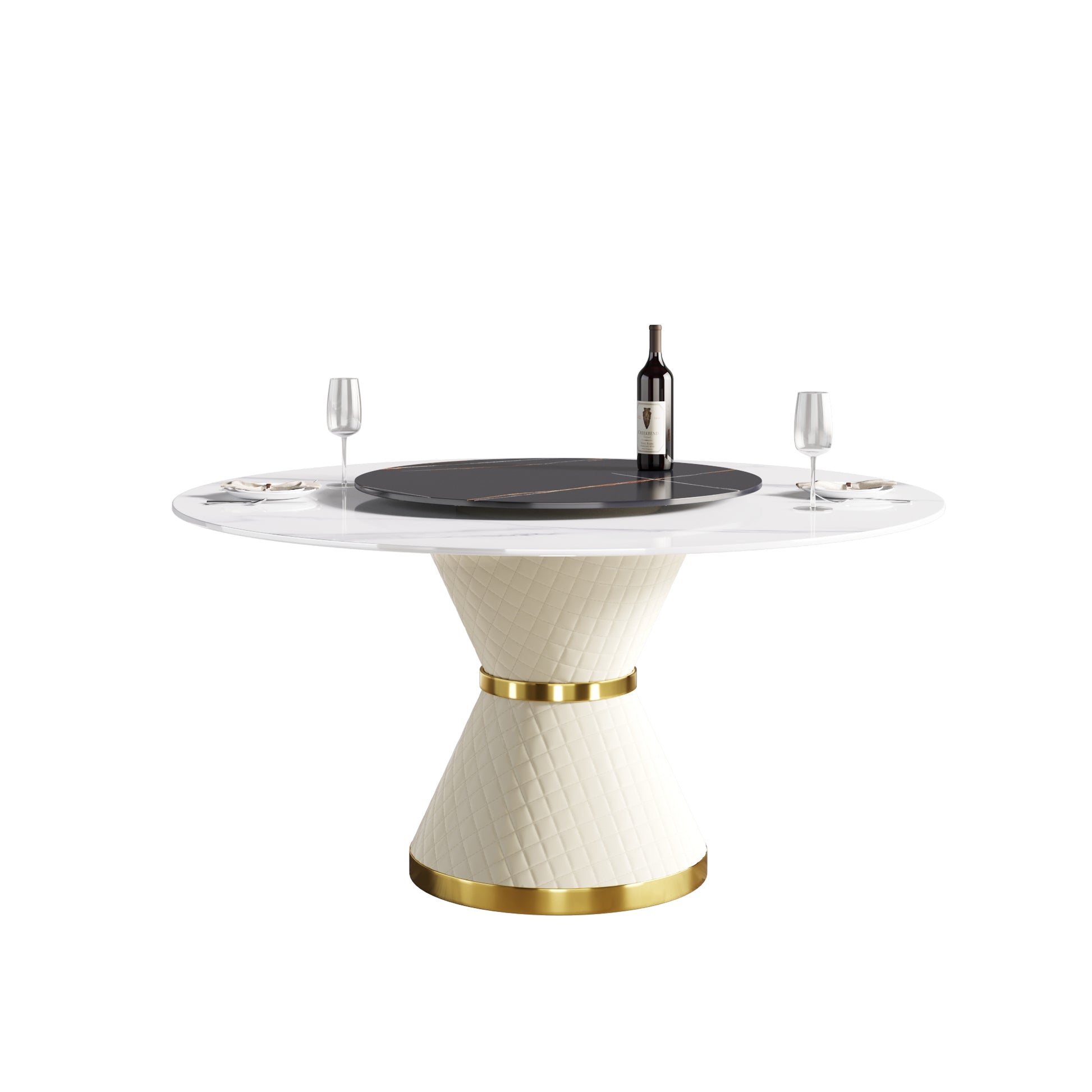 59.05"Modern Artificial Stone Round White Carbon Steel Base Dining Table Can Accommodate 6 People 31.5"Black Artificial Stone Turntable White Black Metal Marble