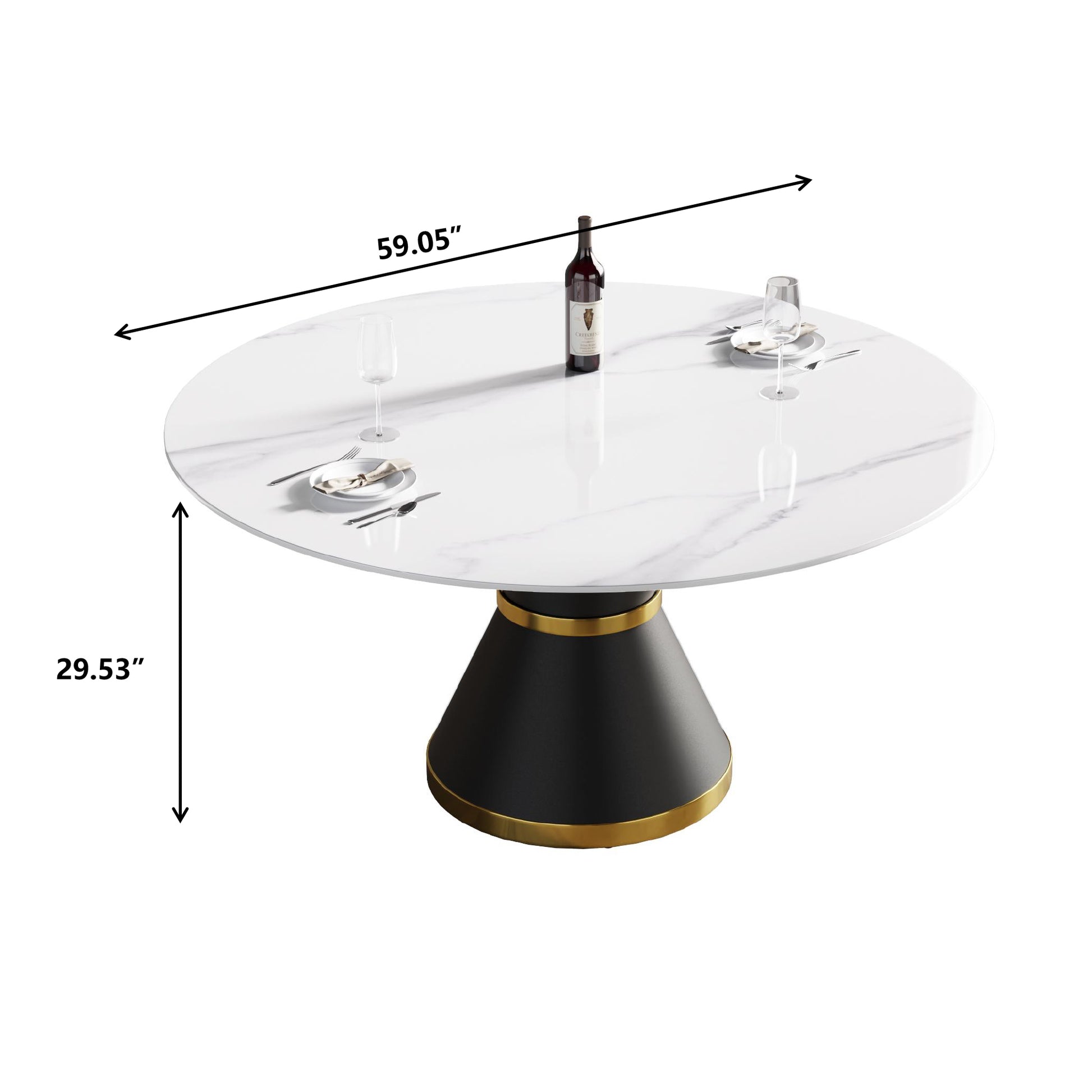 59.05"Modern Artificial Stone Round Black Carbon Steel Base Dining Table Can Accommodate 6 People White Metal Marble