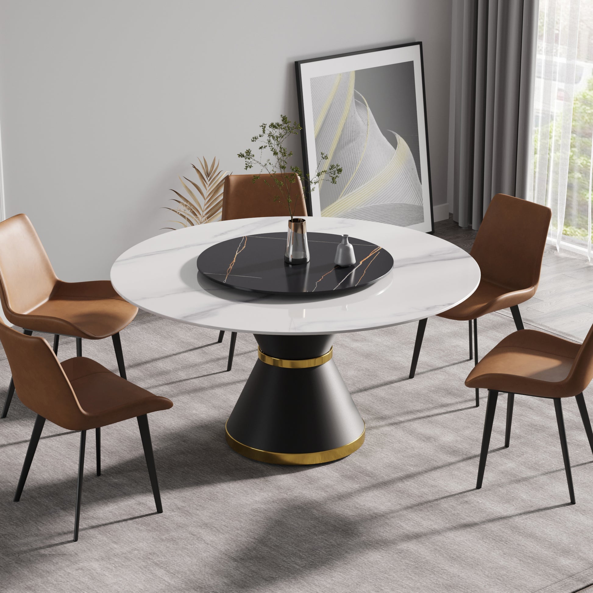 59.05"Modern Artificial Stone Round Black Carbon Steel Base Dining Table Can Accommodate 6 People 31.5"Black Artificial Stone Turntable White Black Metal Marble