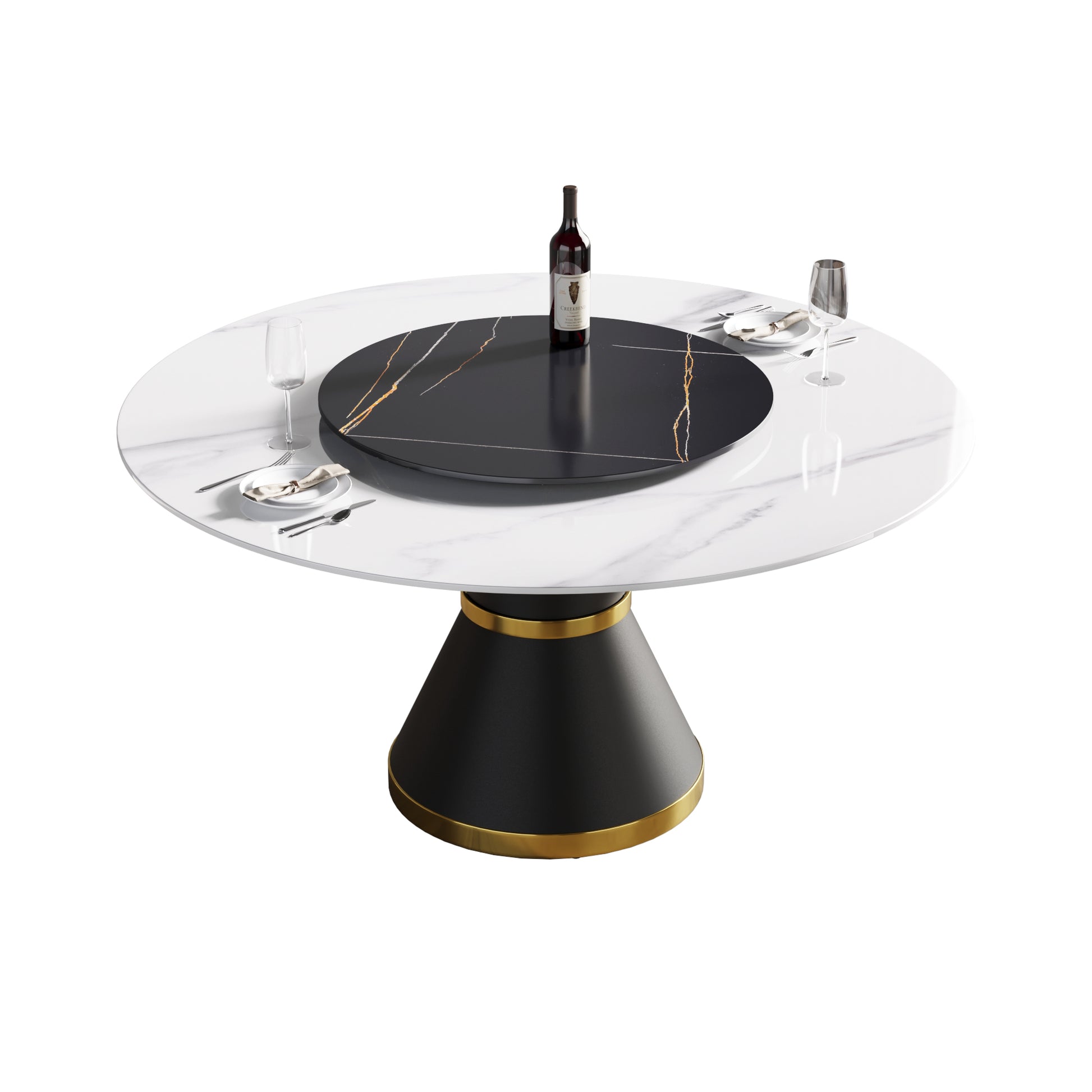 59.05"Modern Artificial Stone Round Black Carbon Steel Base Dining Table Can Accommodate 6 People 31.5"Black Artificial Stone Turntable White Black Metal Marble