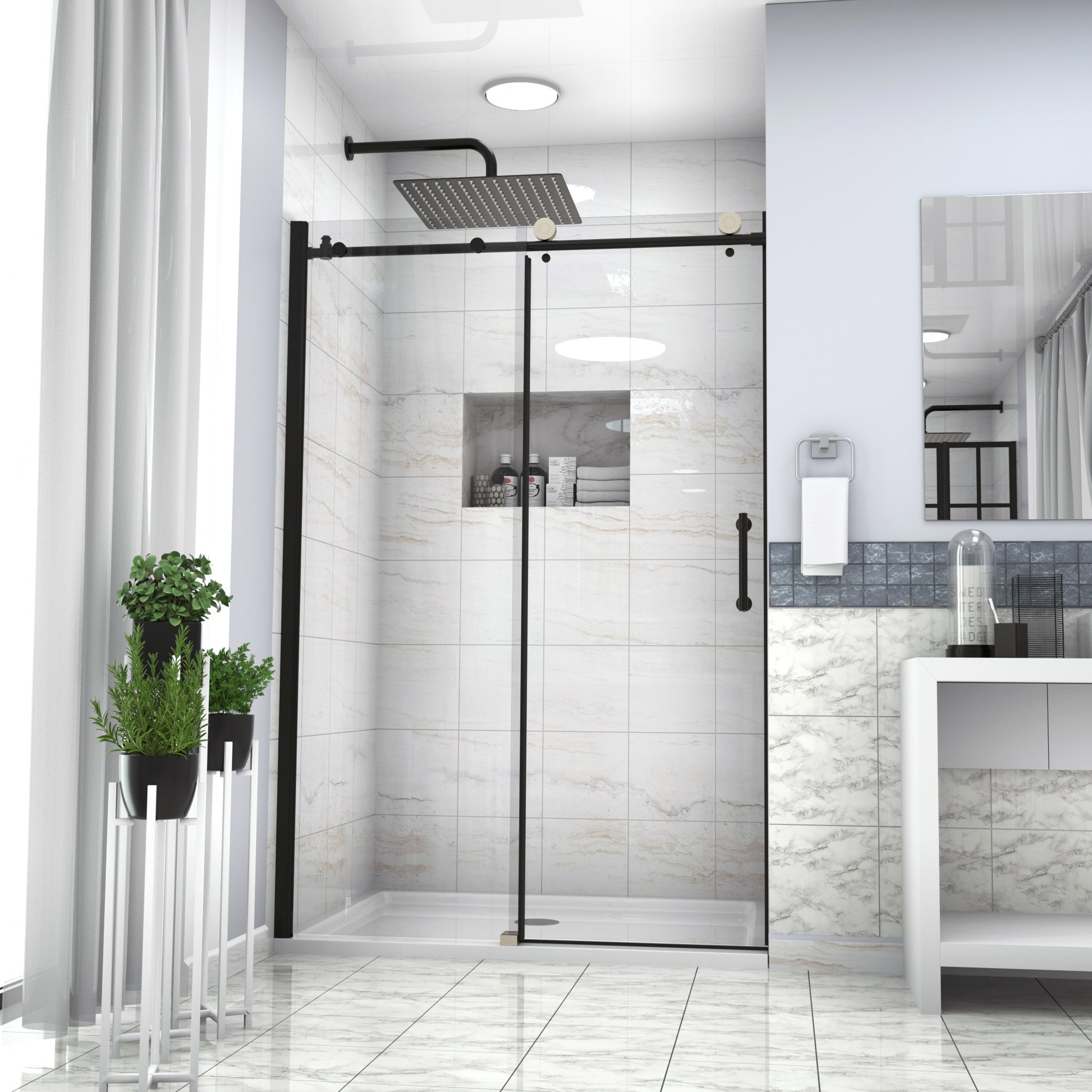 Shower Door 48" W X 76"H Single Sliding Bypass Shower Enclosure,Matte Black Matte Black Glass