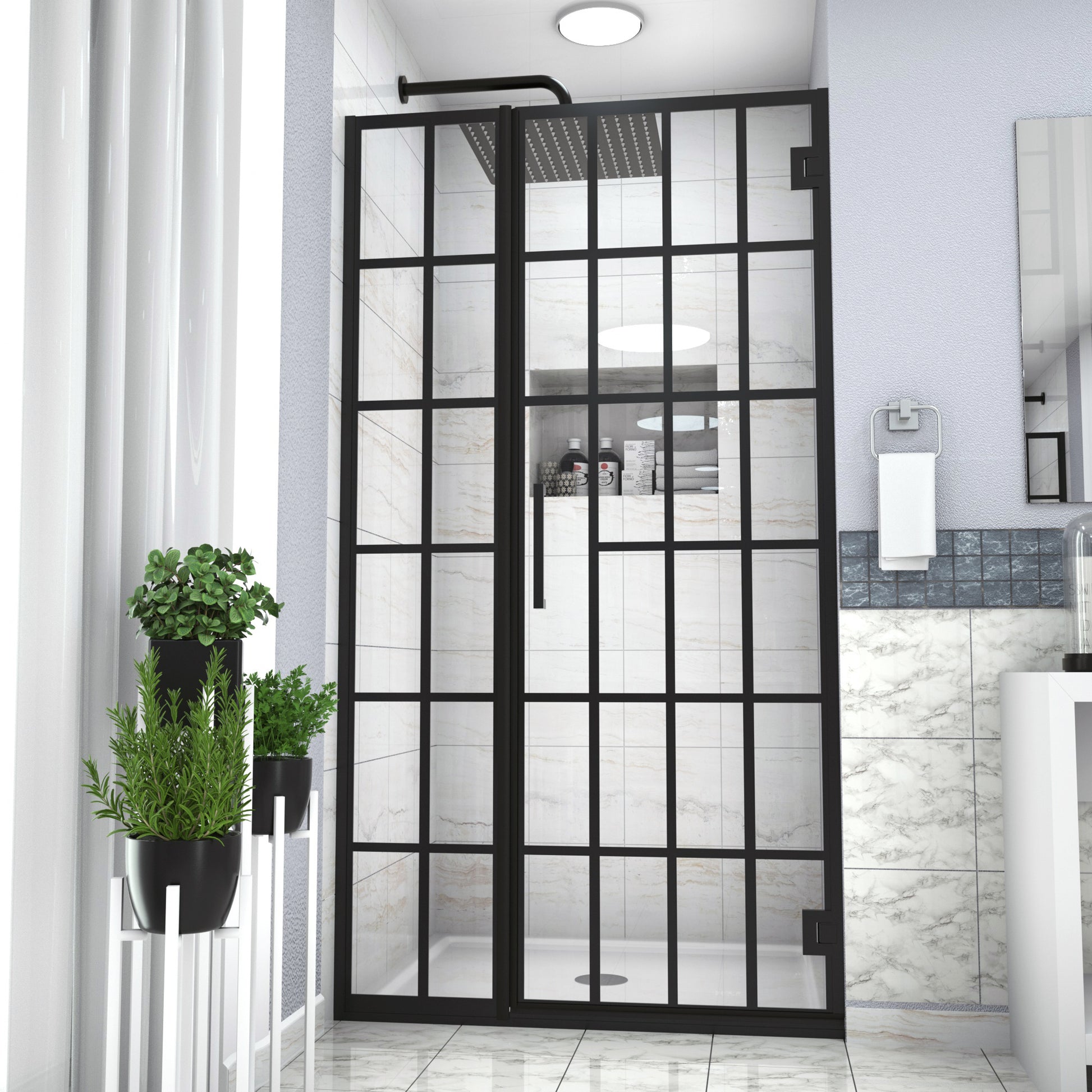 Shower Door 34" W X 72" H Pivot Frameless Shower Door With Pattern Glass, Open Entry Design In Matte Black Matte Black Glass