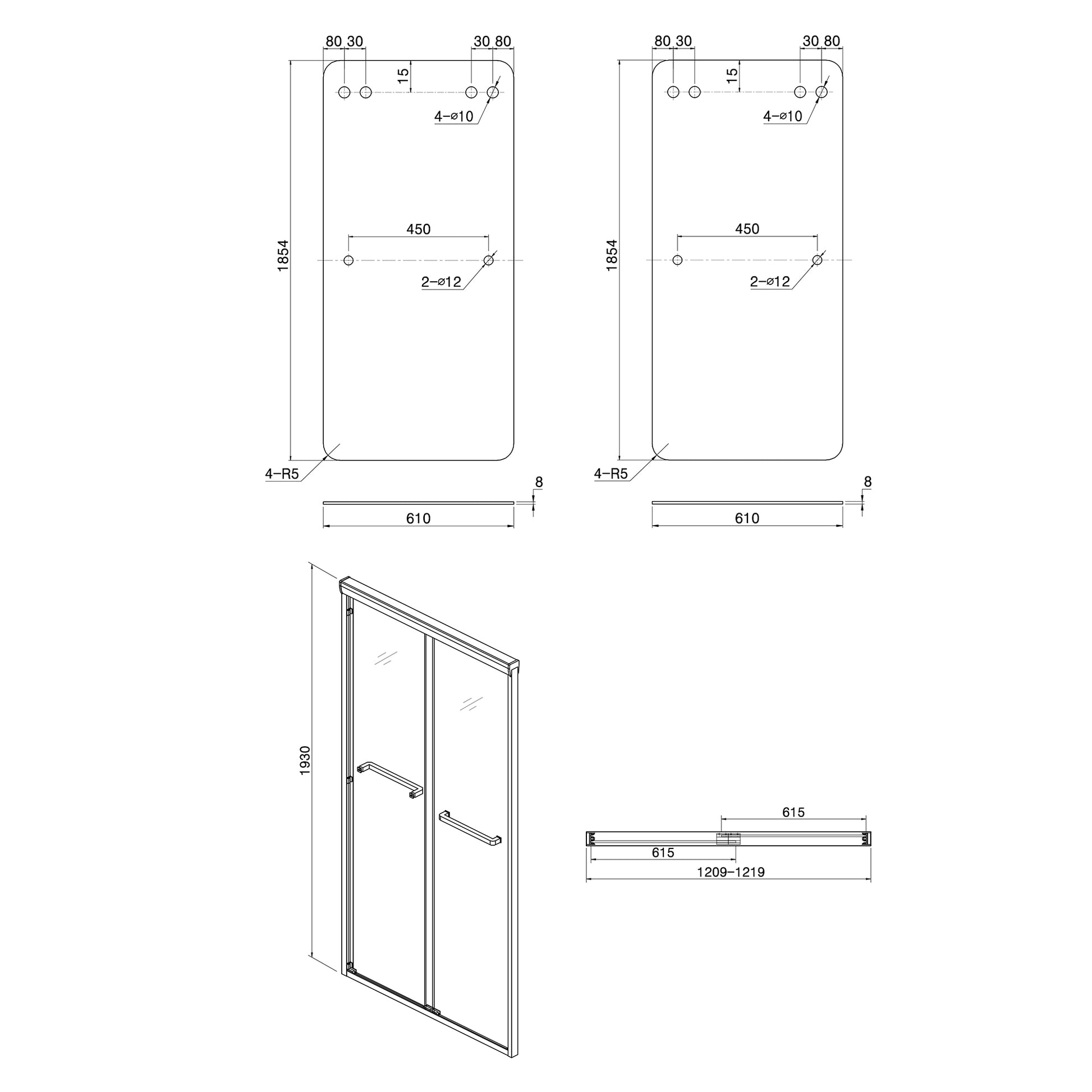 Shower Door 48" W X 76"H Semi Frameless Bypass Sliding Shower Enclosure, Chrome Chrome Glass