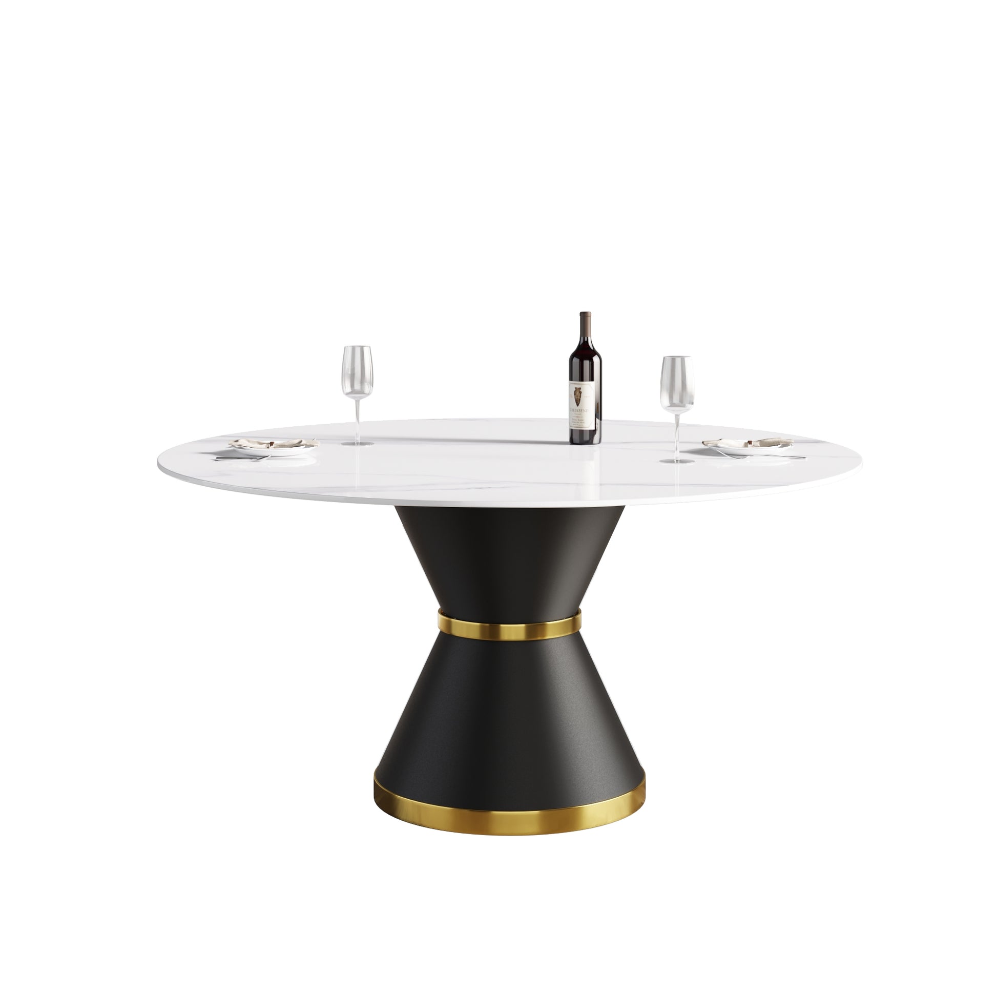 59.05"Modern Artificial Stone Round Black Carbon Steel Base Dining Table Can Accommodate 6 People White Metal Marble