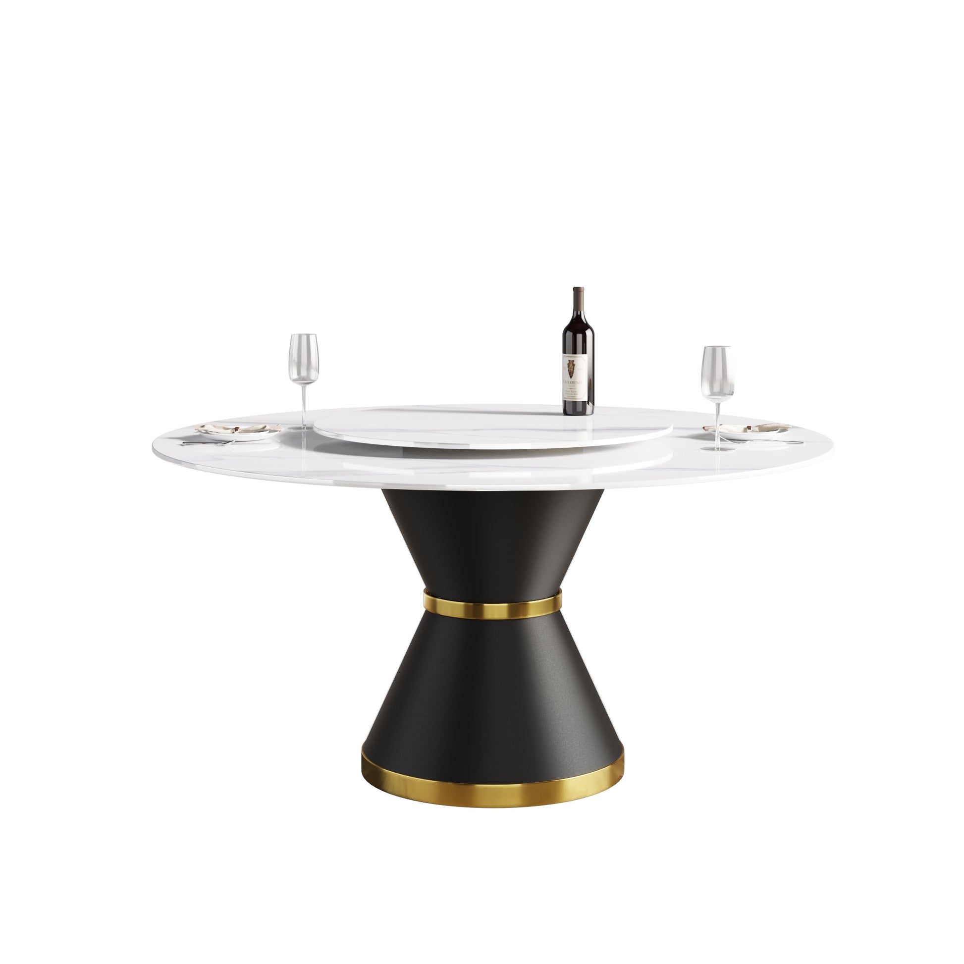 59.05"Modern Artificial Stone Round Black Carbon Steel Base Dining Table Can Accommodate 6 People 31.5"White Artificial Stone Turntable White Metal Marble