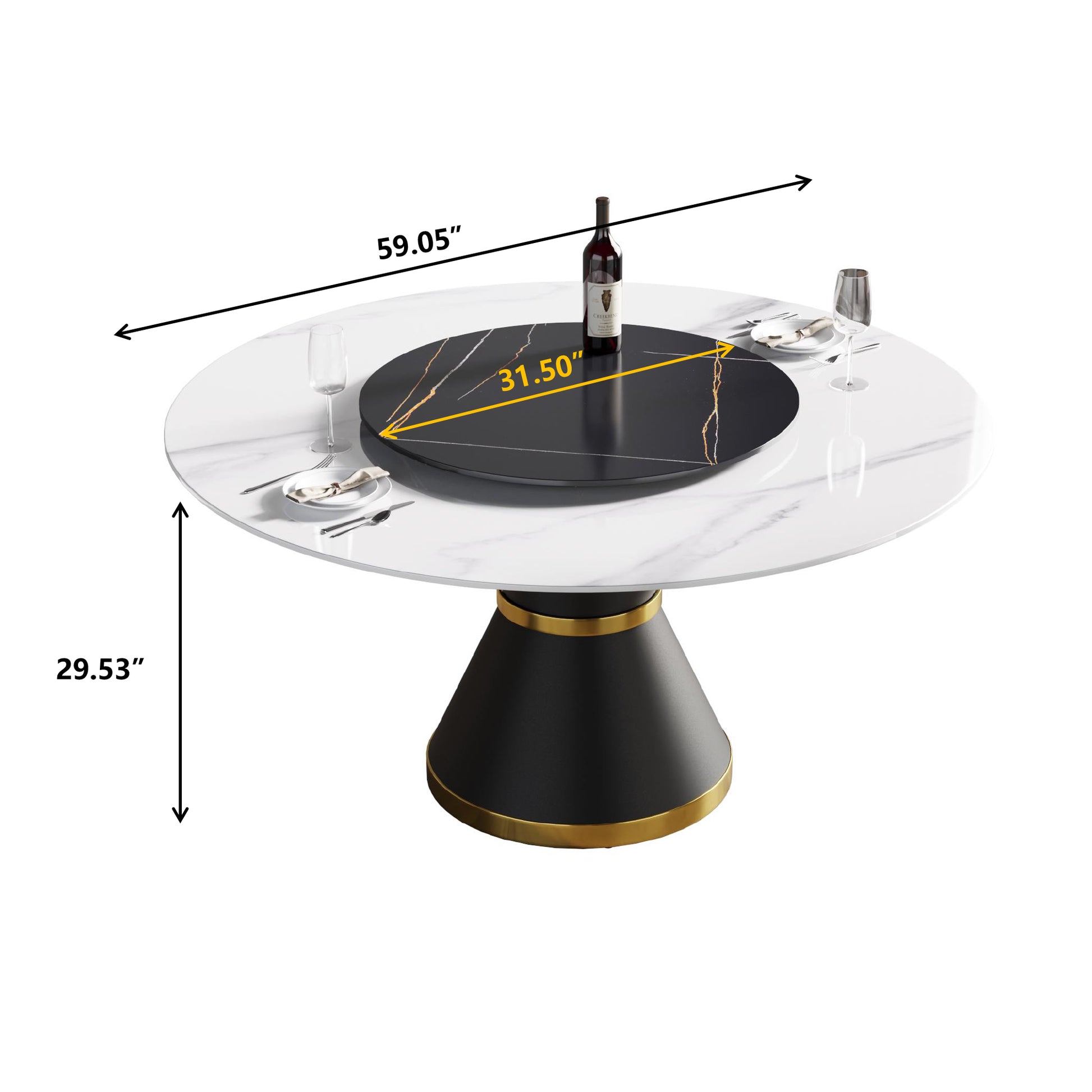 59.05"Modern Artificial Stone Round Black Carbon Steel Base Dining Table Can Accommodate 6 People 31.5"Black Artificial Stone Turntable White Black Metal Marble