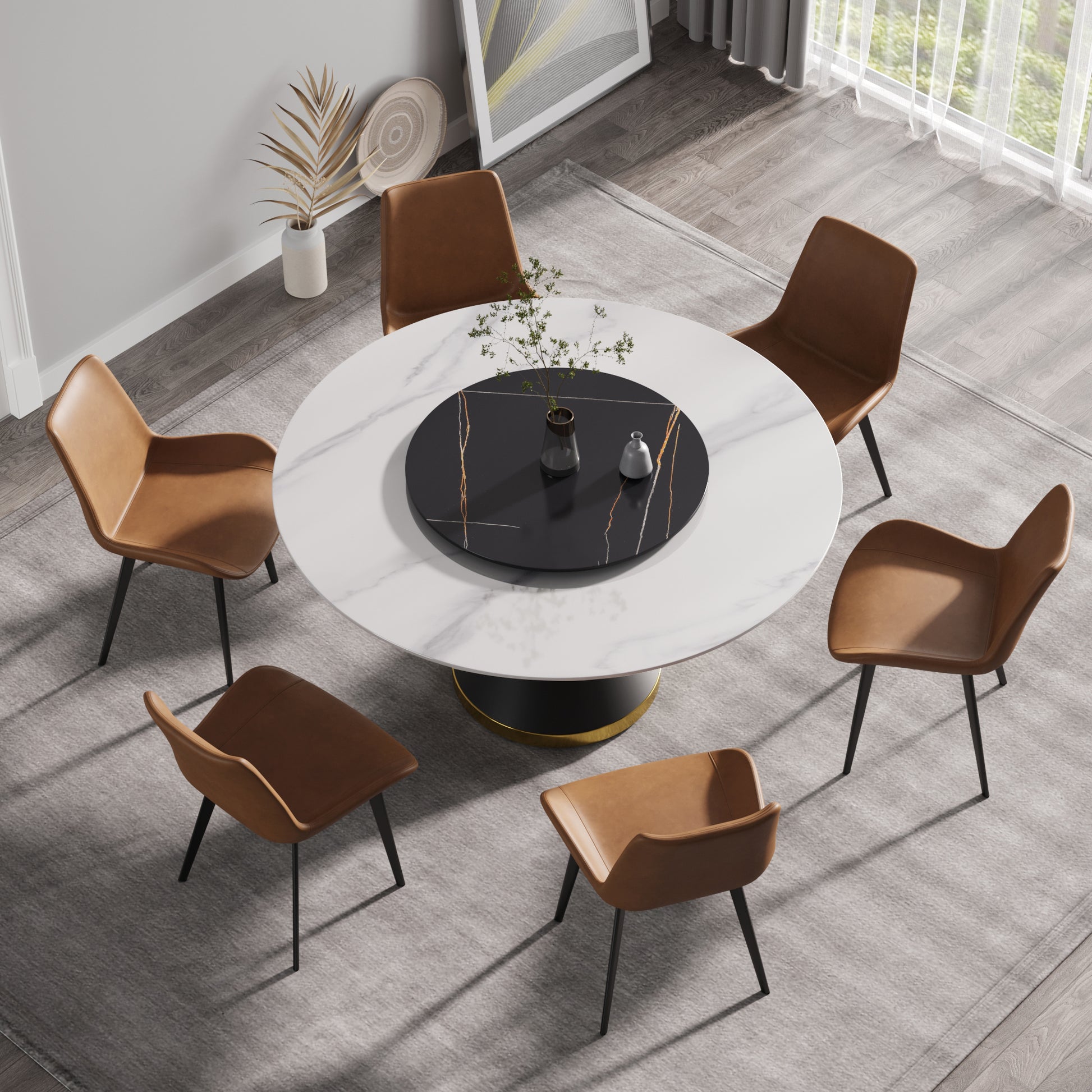 59.05"Modern Artificial Stone Round Black Carbon Steel Base Dining Table Can Accommodate 6 People 31.5"Black Artificial Stone Turntable White Black Metal Marble