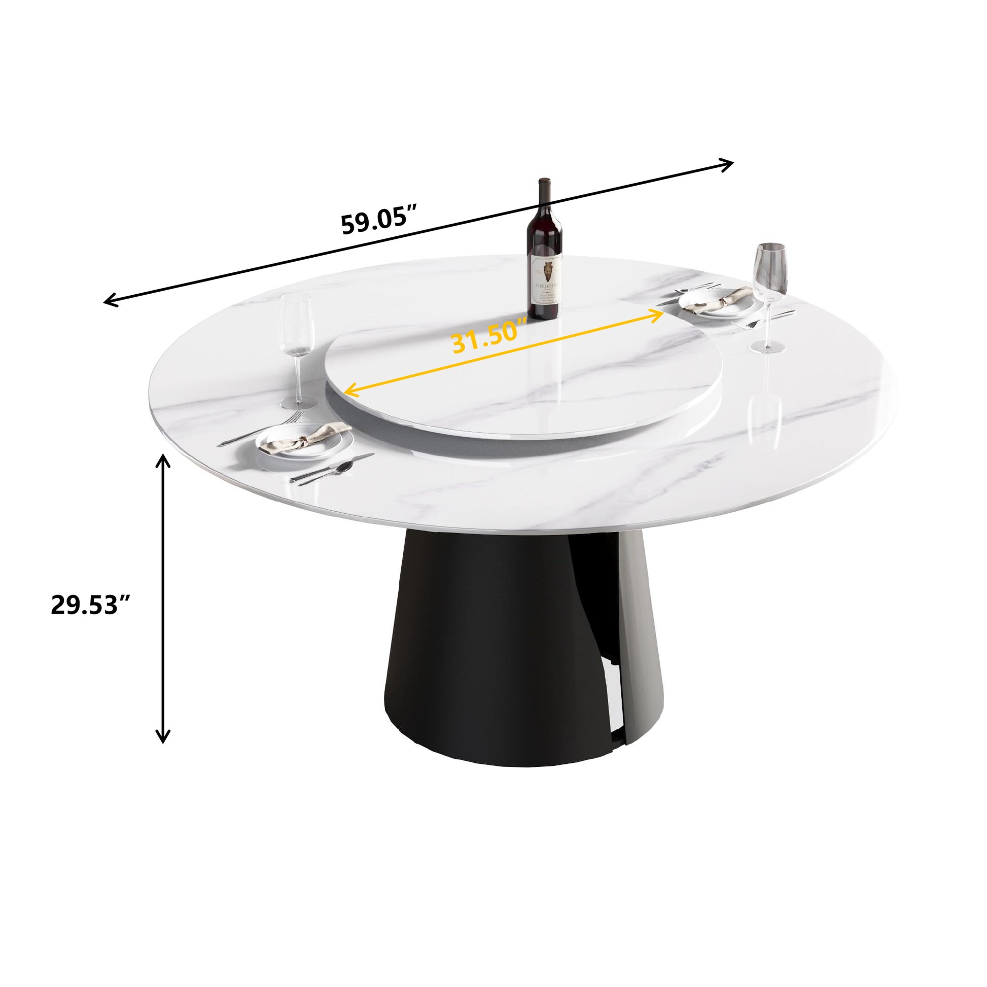59.05"Modern Artificial Stone Round Black Carbon Steel Base Dining Table Can Accommodate 6 People 31.5"White Artificial Stone Turntable White Metal Marble