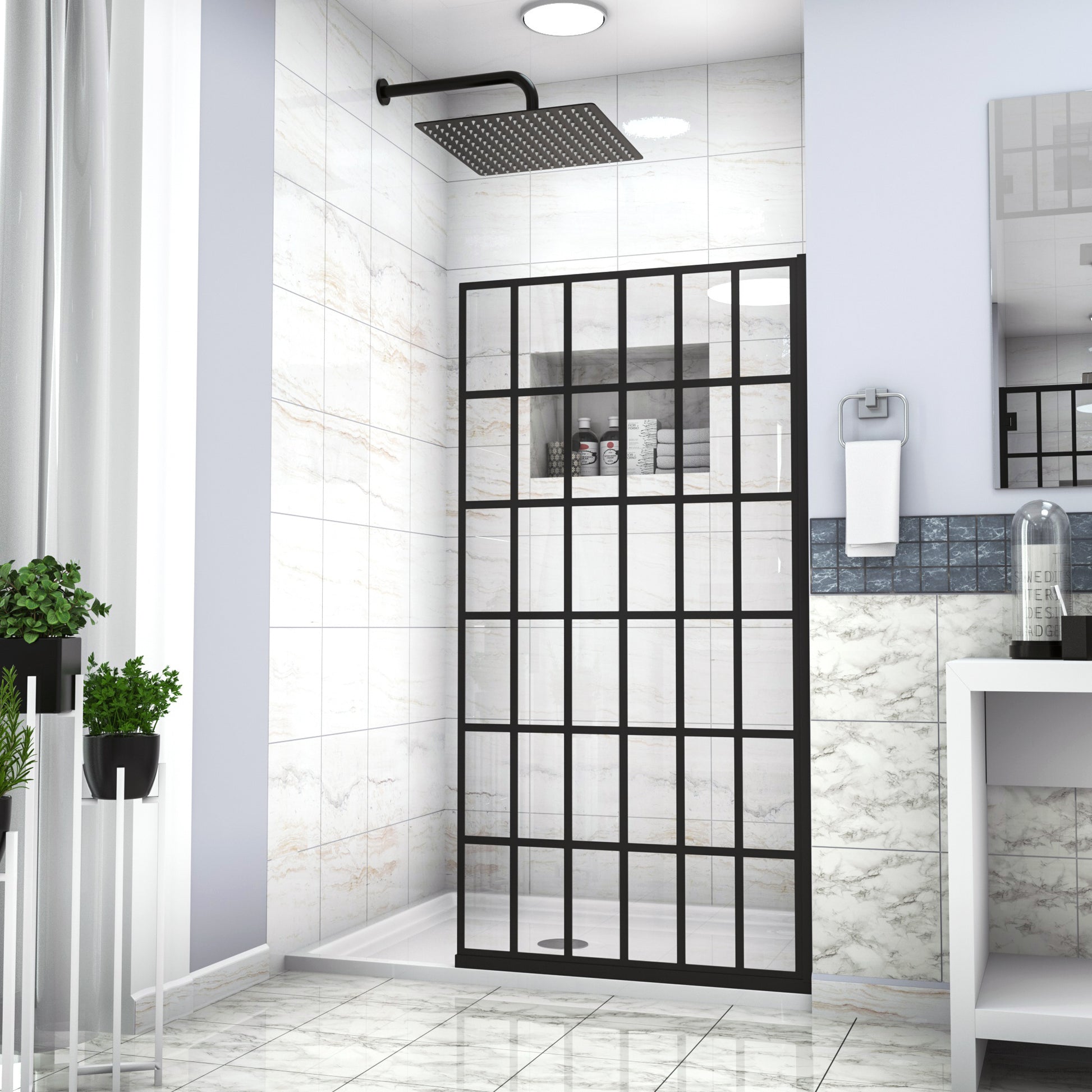 Shower Door 34" W X 72" H Single Panel Frameless Fixed Shower Door, Open Entry Design In Matte Black Matte Black Glass