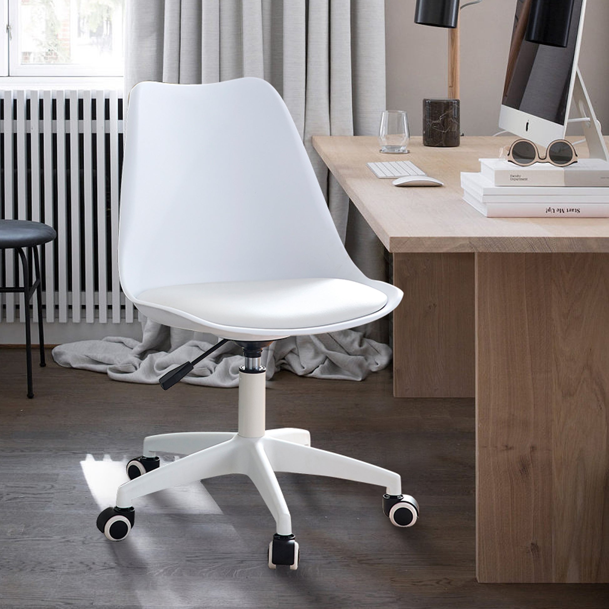 Modern Home Office Desk Chairs, Adjustable 360 Swivel Chair Engineering Plastic Armless Swivel Computer Chair With Wheels For Living Room, Bed Room Office Hotel Dining Room And White. White Plastic