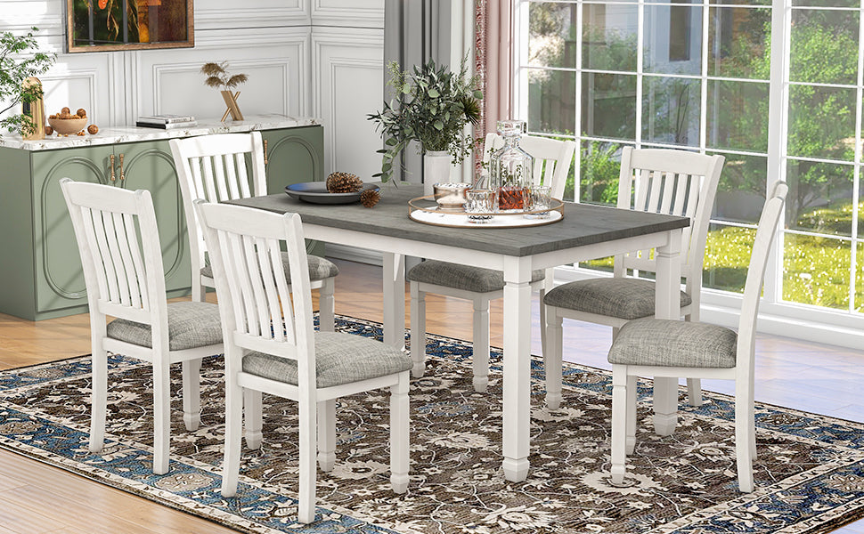 7 Piece Dining Table Set Wood Dining Table And 6 Upholstered Chairs With Shaped Legs For Dining Room Living Room Furniture Gray White White Gray Solid Wood