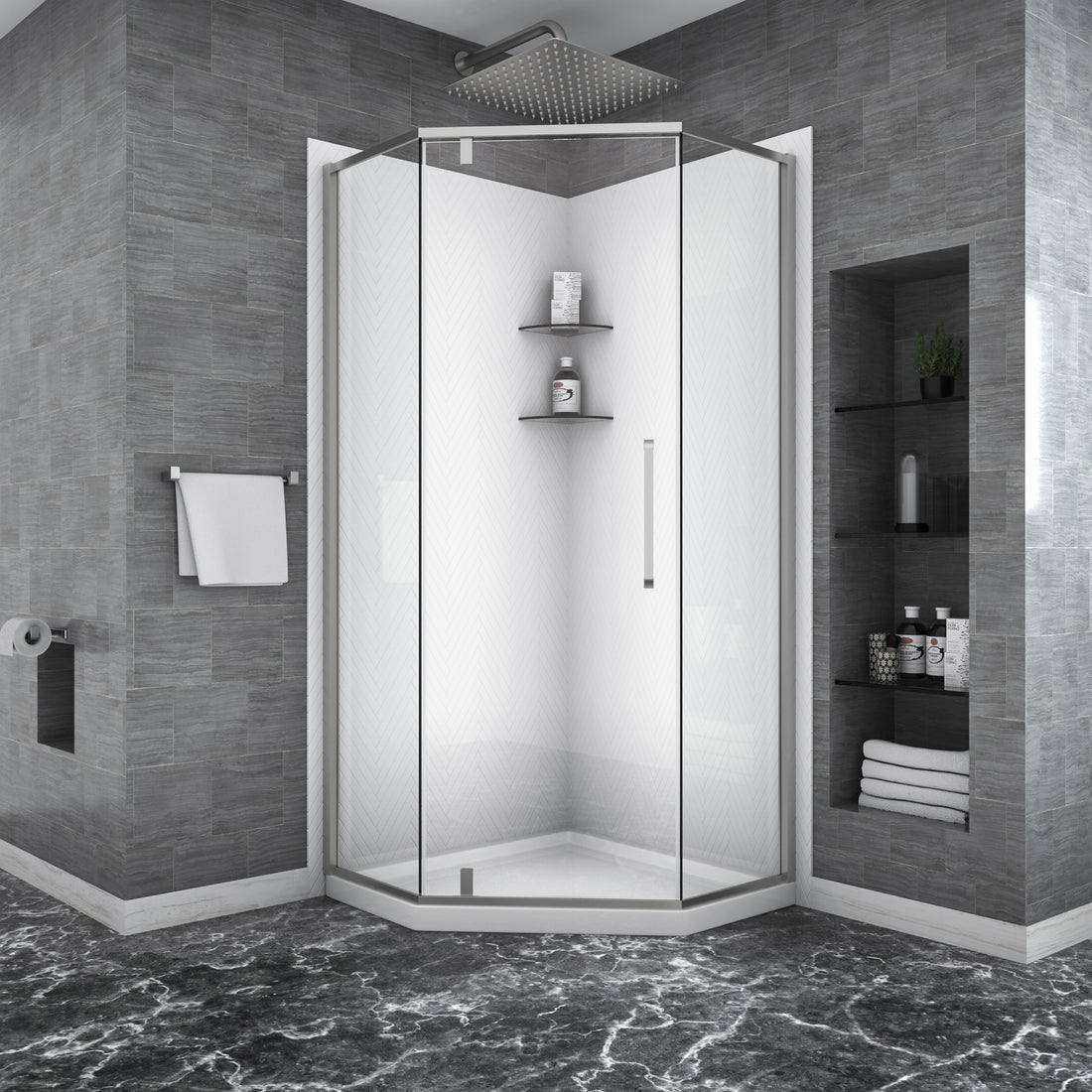 Shower Door 34 1 8" X 72" Semi Frameless Neo Angle Hinged Shower Enclosure, Brushed Nickel Brushed Nickel Glass