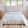 Upholstered Platform Bed With Saddle Curved Headboard And Diamond Tufted Details, Full, Beige Beige Linen