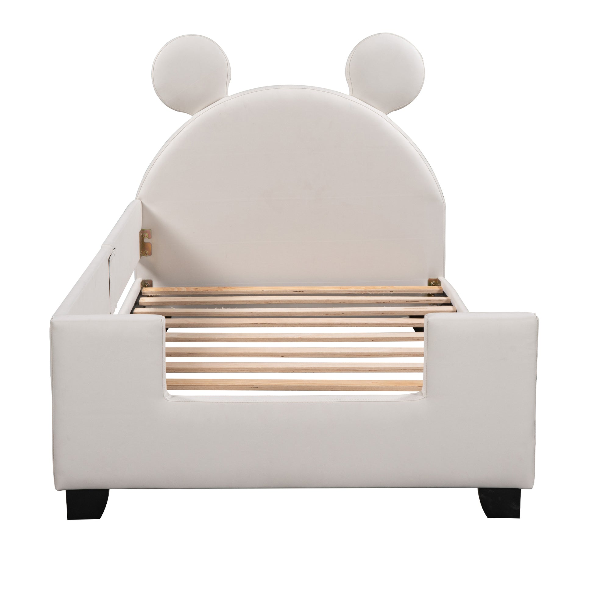 Twin Size Upholstered Daybed With Carton Ears Shaped Headboard, White White Pu Leather