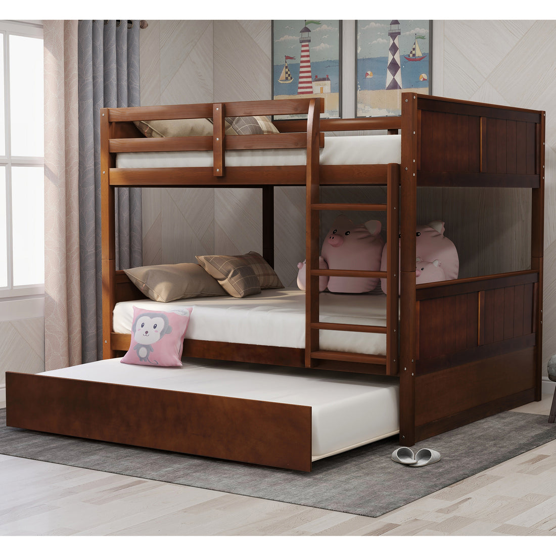 Full Over Full Bunk Bed With Twin Size Trundle, Walnut Old Sku: Lp000250Aal Full Walnut Solid Wood