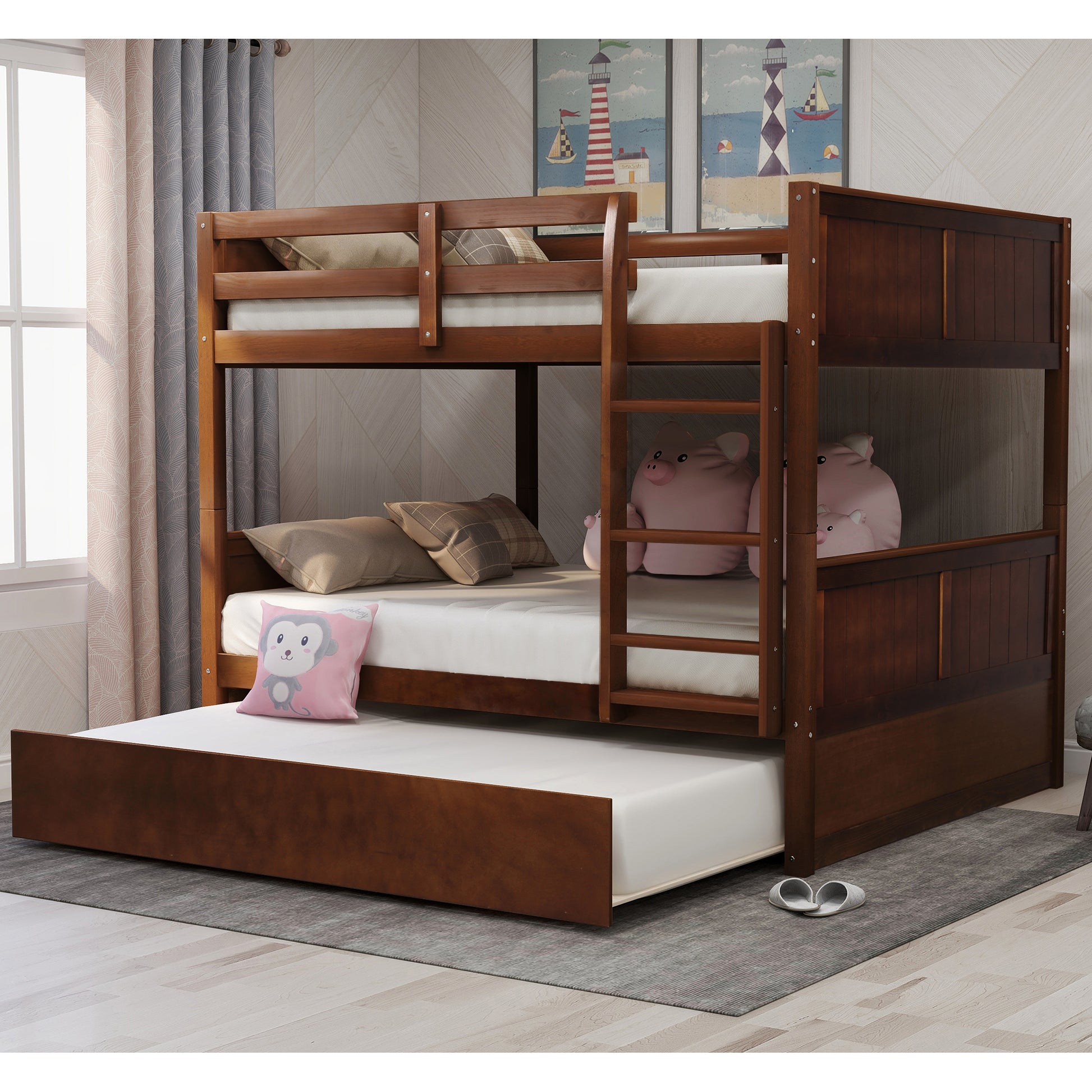 Full Over Full Bunk Bed With Twin Size Trundle, Walnut Old Sku: Lp000250Aal Full Walnut Solid Wood