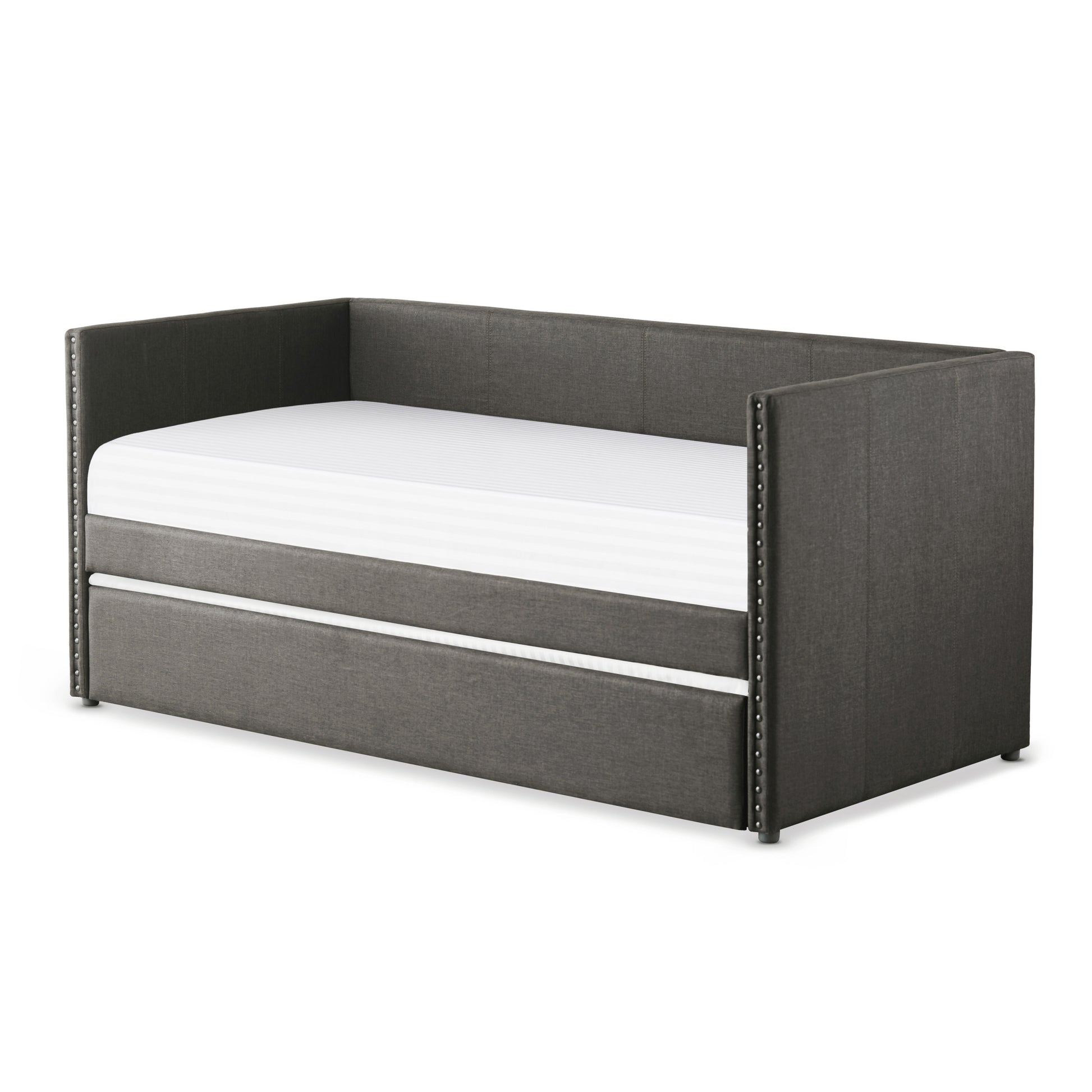 Gray Fabric Upholstered 1Pc Day Bed With Pull Out Trundle Trim Wood Frame Furniture Box Spring Not Required Gray Bedroom Wood