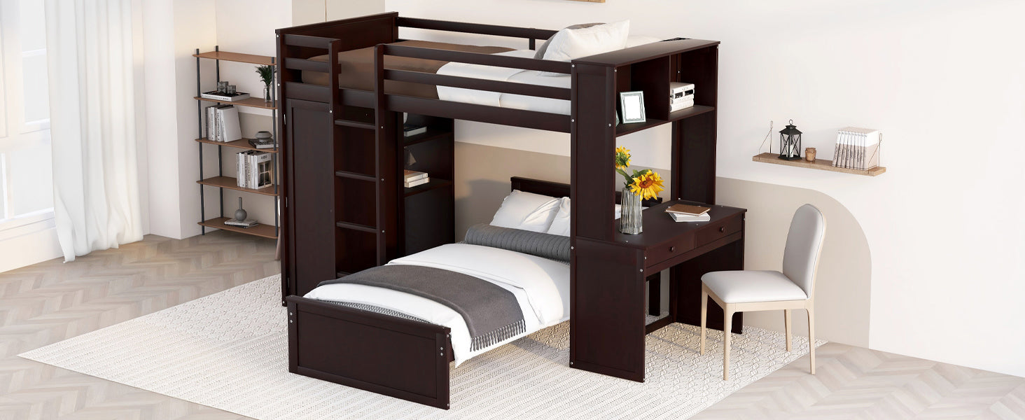 Twin Size Loft Bed With A Stand Alone Bed, Shelves,Desk,And Wardrobe Espresso Espresso Solid Wood