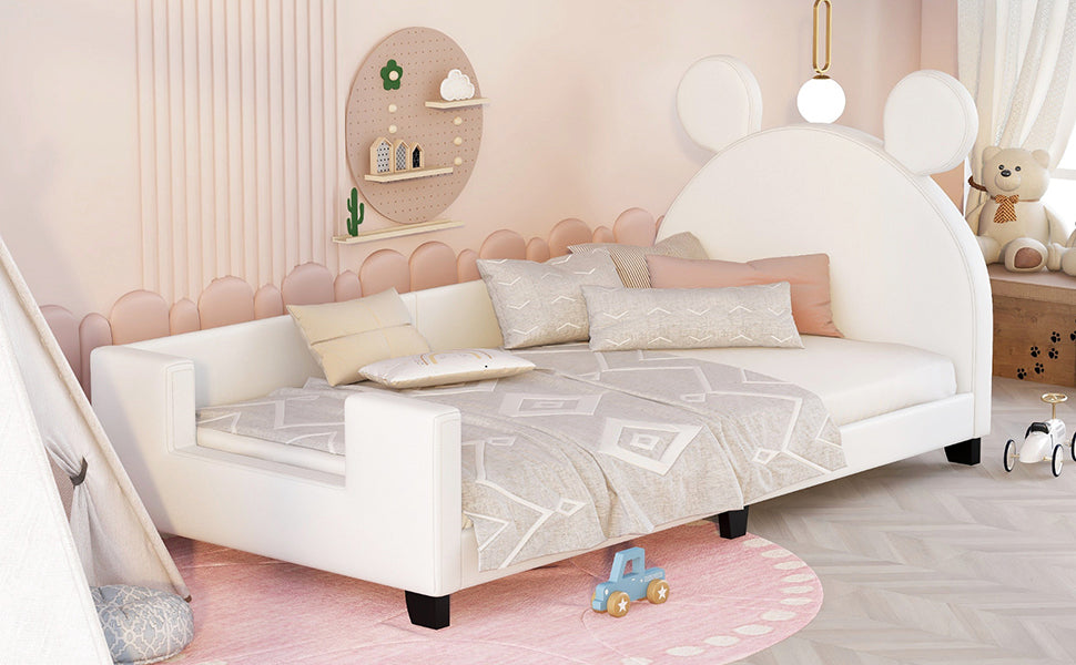 Twin Size Upholstered Daybed With Carton Ears Shaped Headboard, White White Pu Leather