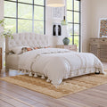 Upholstered Platform Bed With Saddle Curved Headboard And Diamond Tufted Details, Queen, Beige Beige Linen