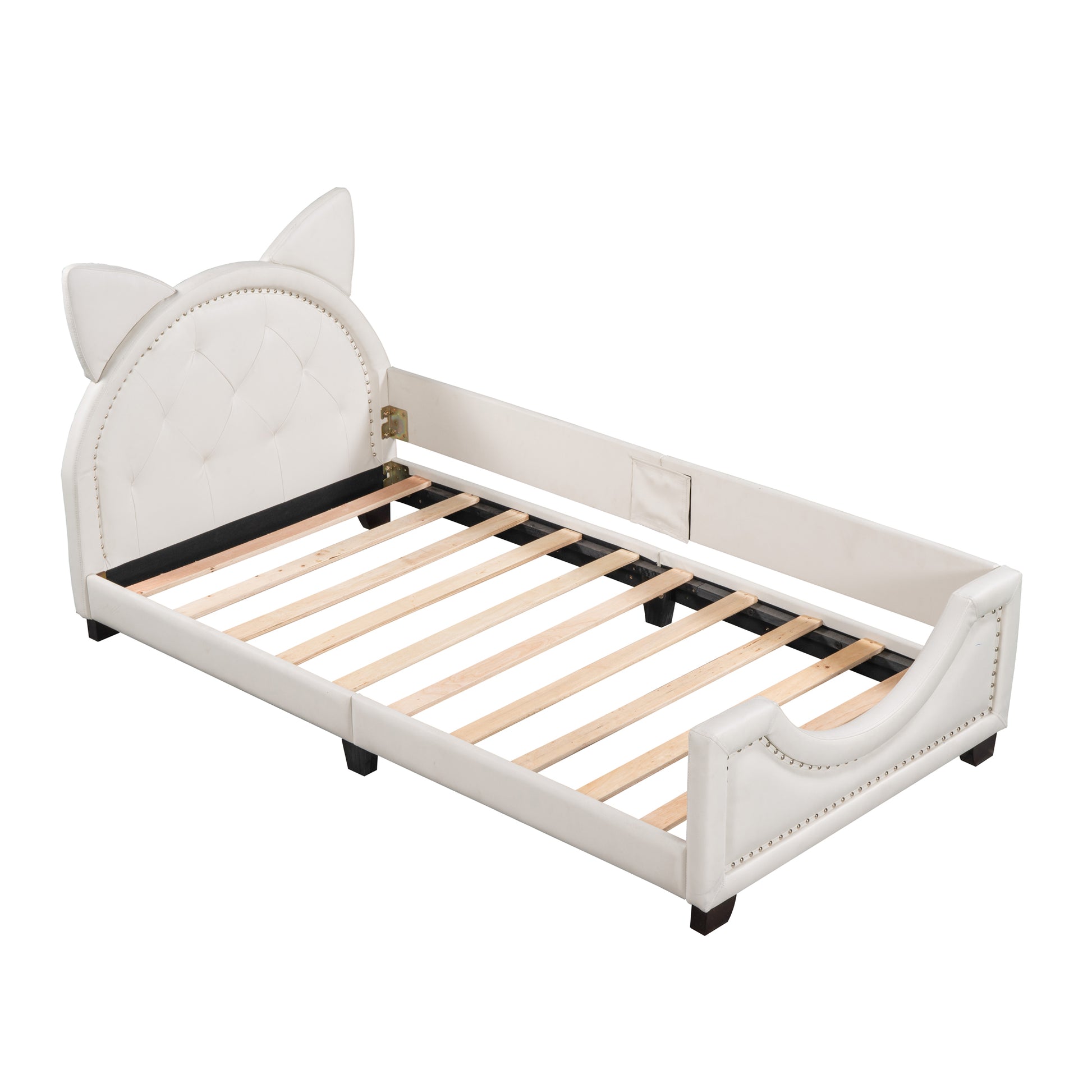 Twin Size Upholstered Daybed With Carton Ears Shaped Headboard, White White Pu Leather