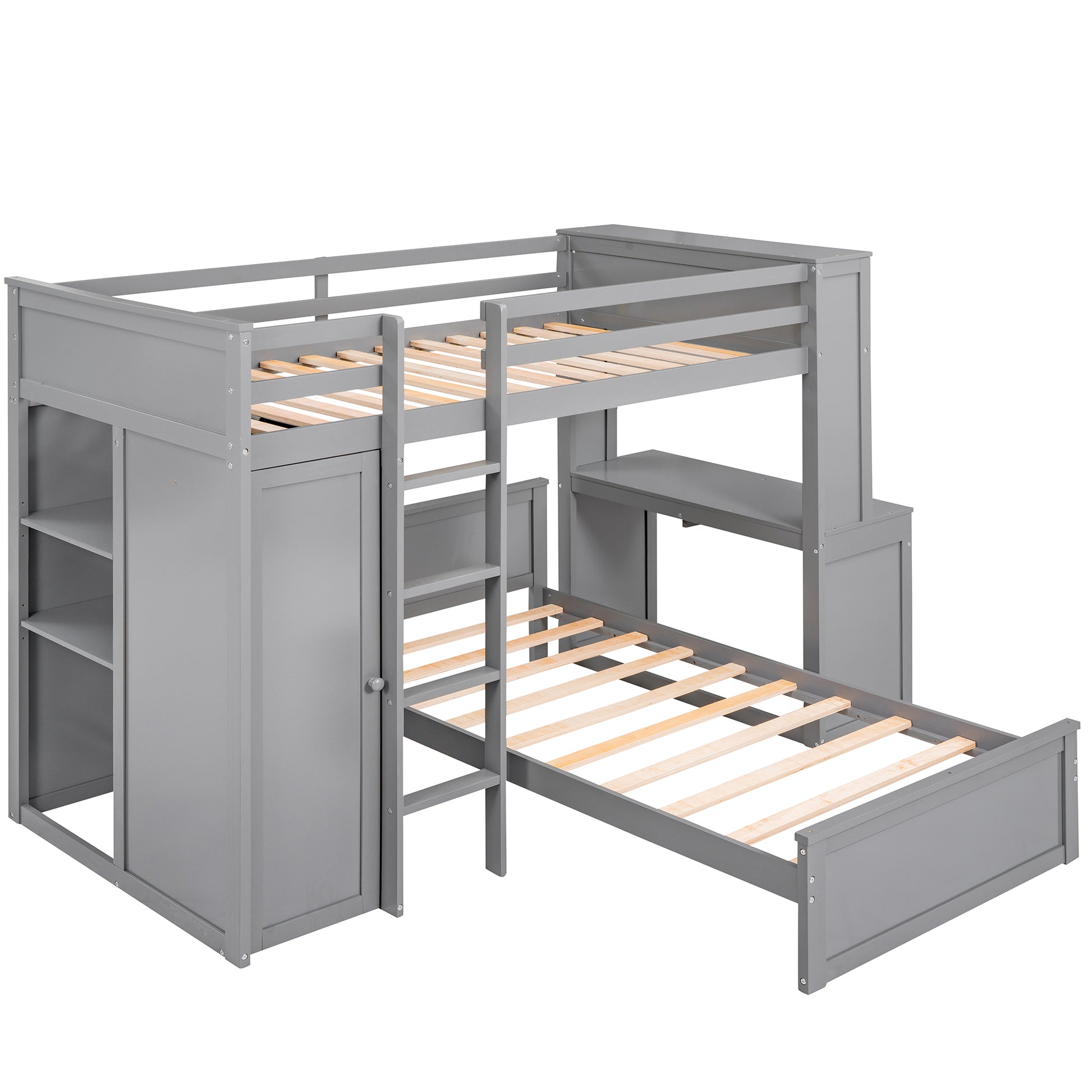 Twin Size Loft Bed With A Stand Alone Bed, Shelves,Desk,And Wardrobe Gray Gray Solid Wood