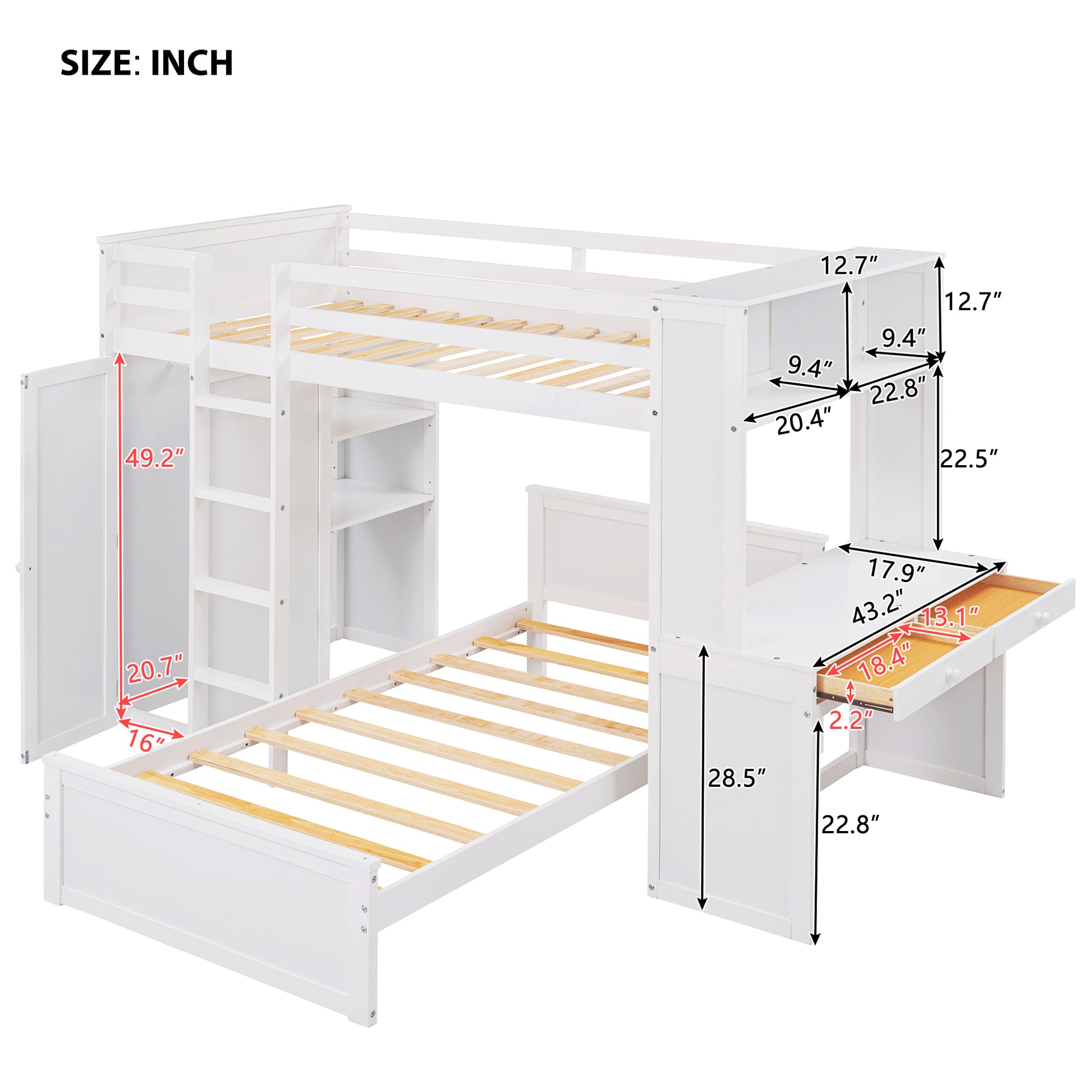 Twin Size Loft Bed With A Stand Alone Bed, Shelves,Desk,And Wardrobe White White Solid Wood