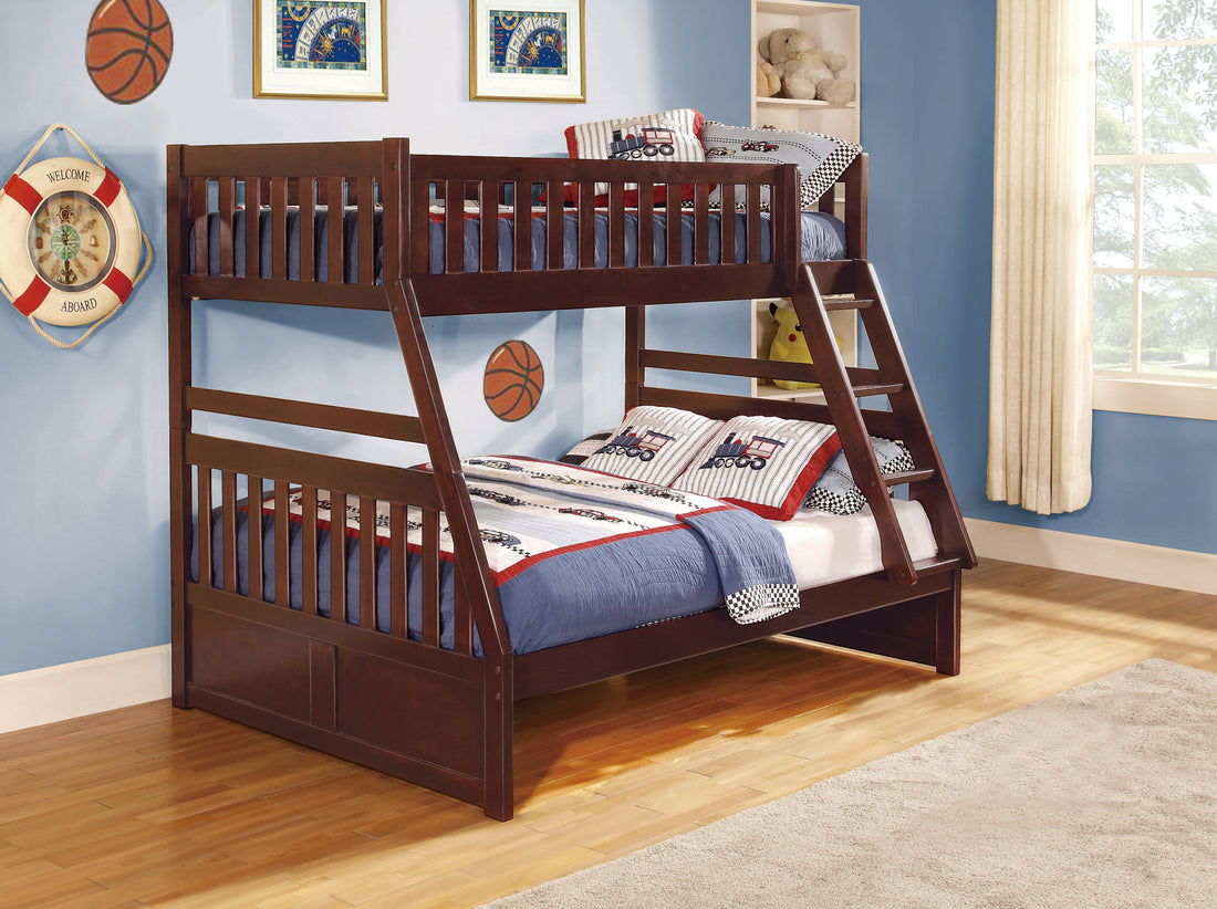 Transitional Dark Cherry Finish Youth Bedroom Furniture 1Pc Twin Full Bunk Bed Pine Veneer Wooden Furniture Cherry Wood Bedroom Traditional Bunk Wood