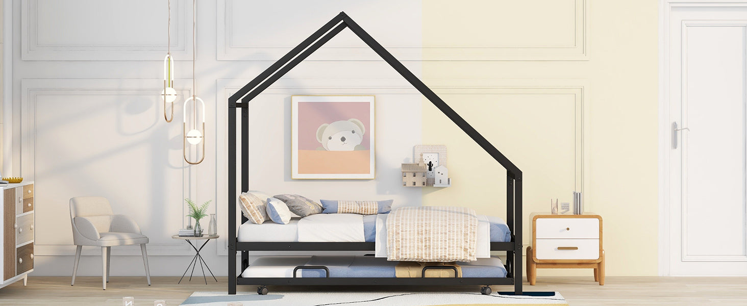 Metal House Bed With Trundle, Twin Size House Bed Black Black Metal