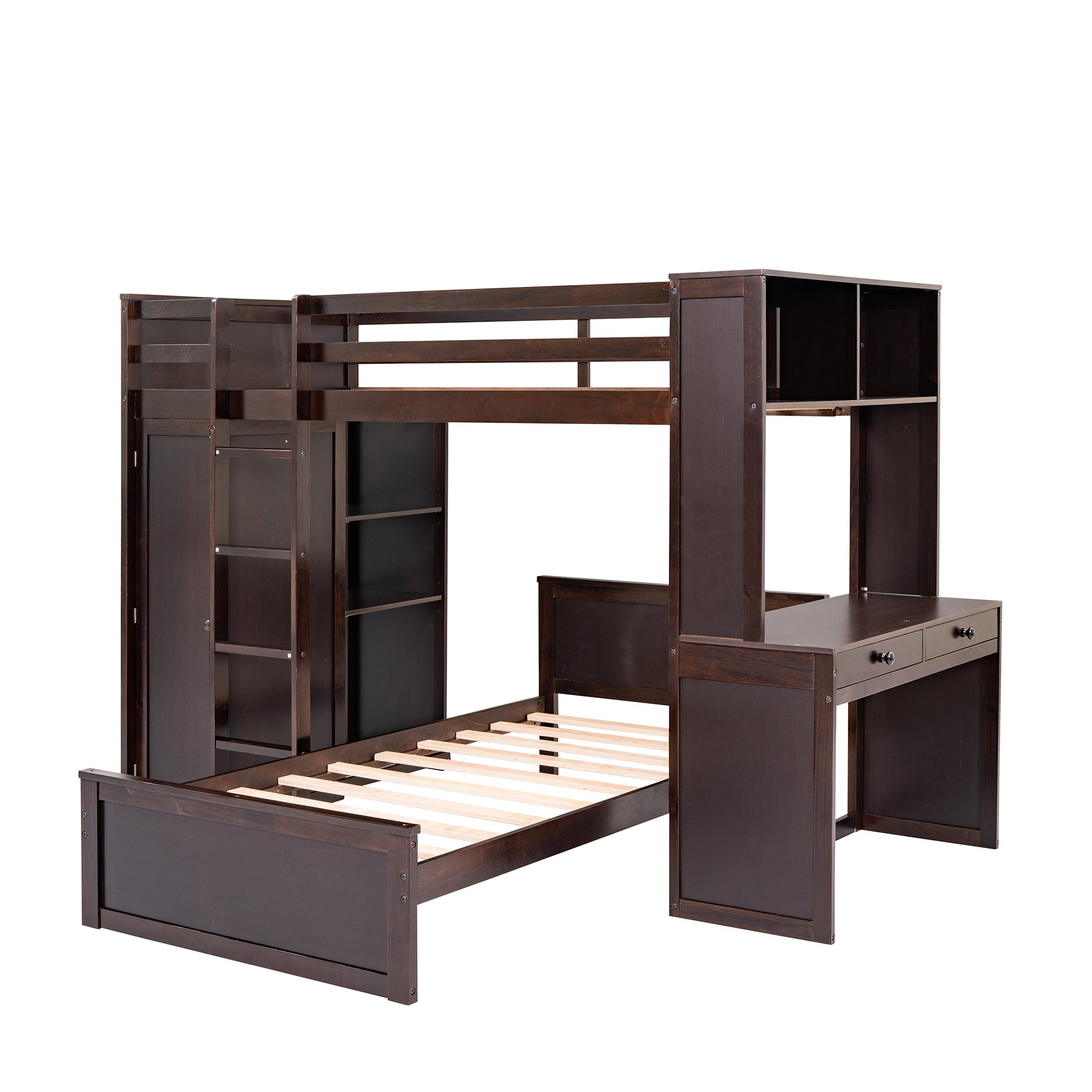 Twin Size Loft Bed With A Stand Alone Bed, Shelves,Desk,And Wardrobe Espresso Espresso Solid Wood