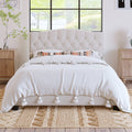 Upholstered Platform Bed With Saddle Curved Headboard And Diamond Tufted Details, Queen, Beige Beige Linen