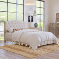 Upholstered Platform Bed With Saddle Curved Headboard And Diamond Tufted Details, Full, Beige Beige Linen