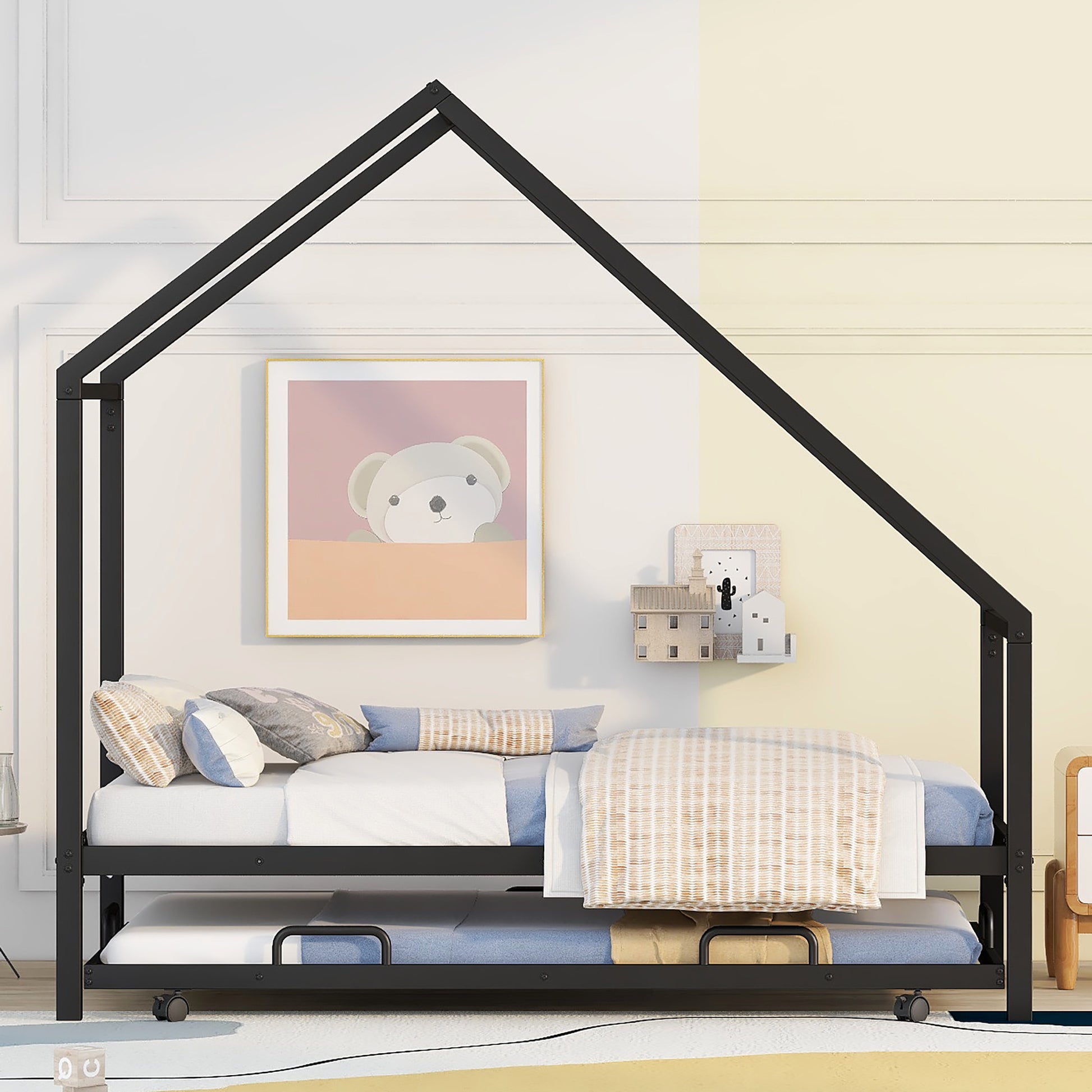 Metal House Bed With Trundle, Twin Size House Bed Black Black Metal