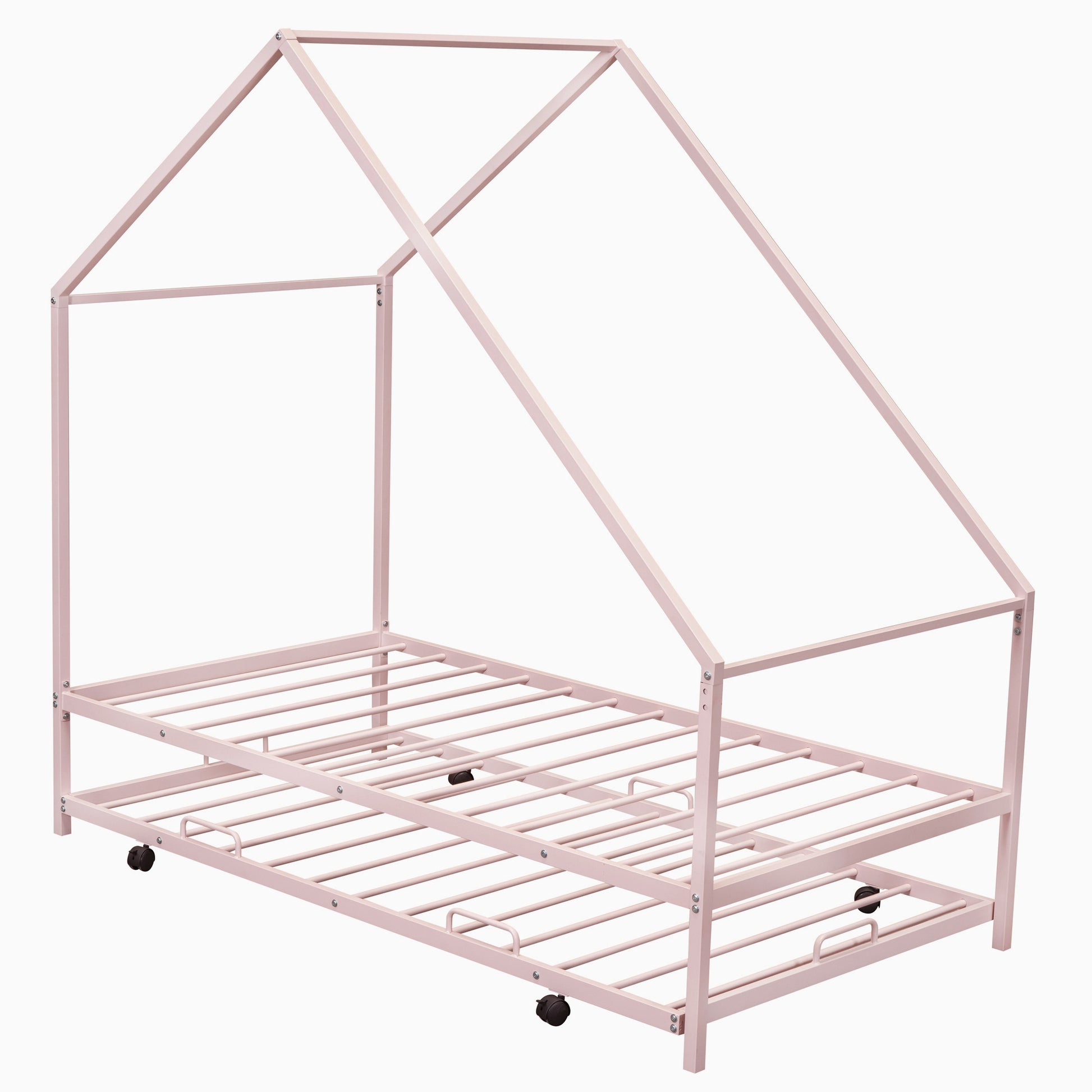 Metal House Bed With Trundle, Twin Size House Bed Pink Pink Metal