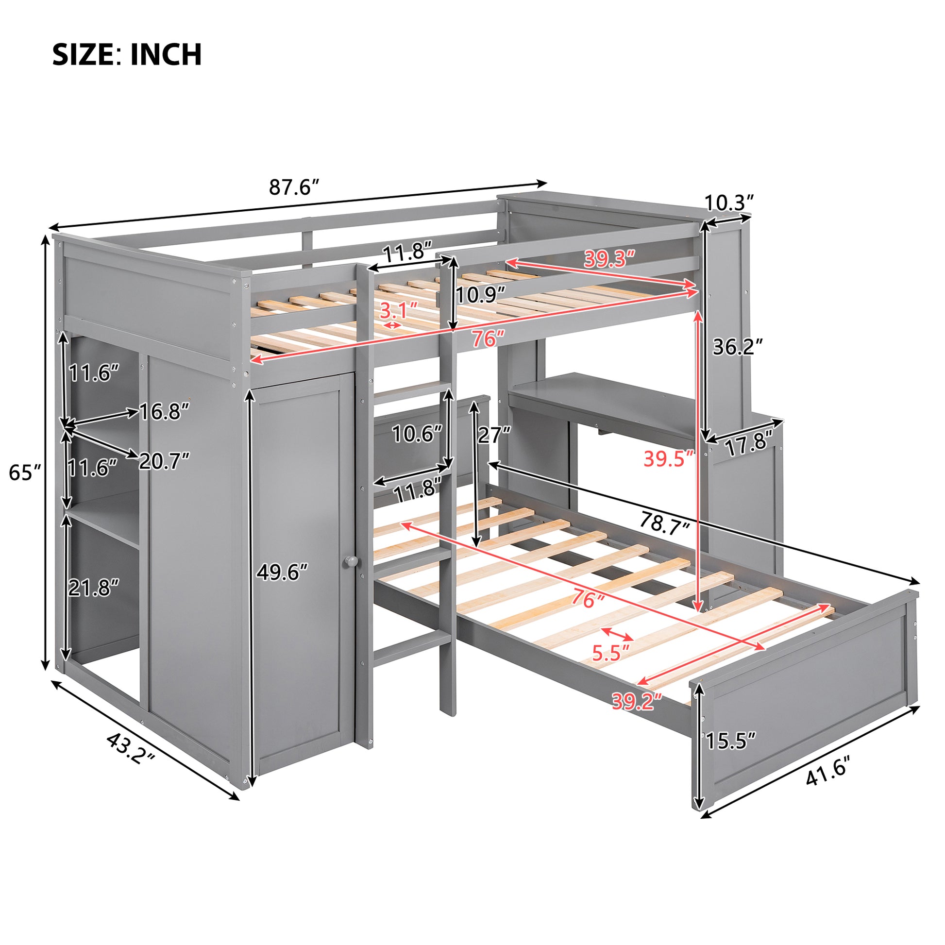 Twin Size Loft Bed With A Stand Alone Bed, Shelves,Desk,And Wardrobe Gray Gray Solid Wood