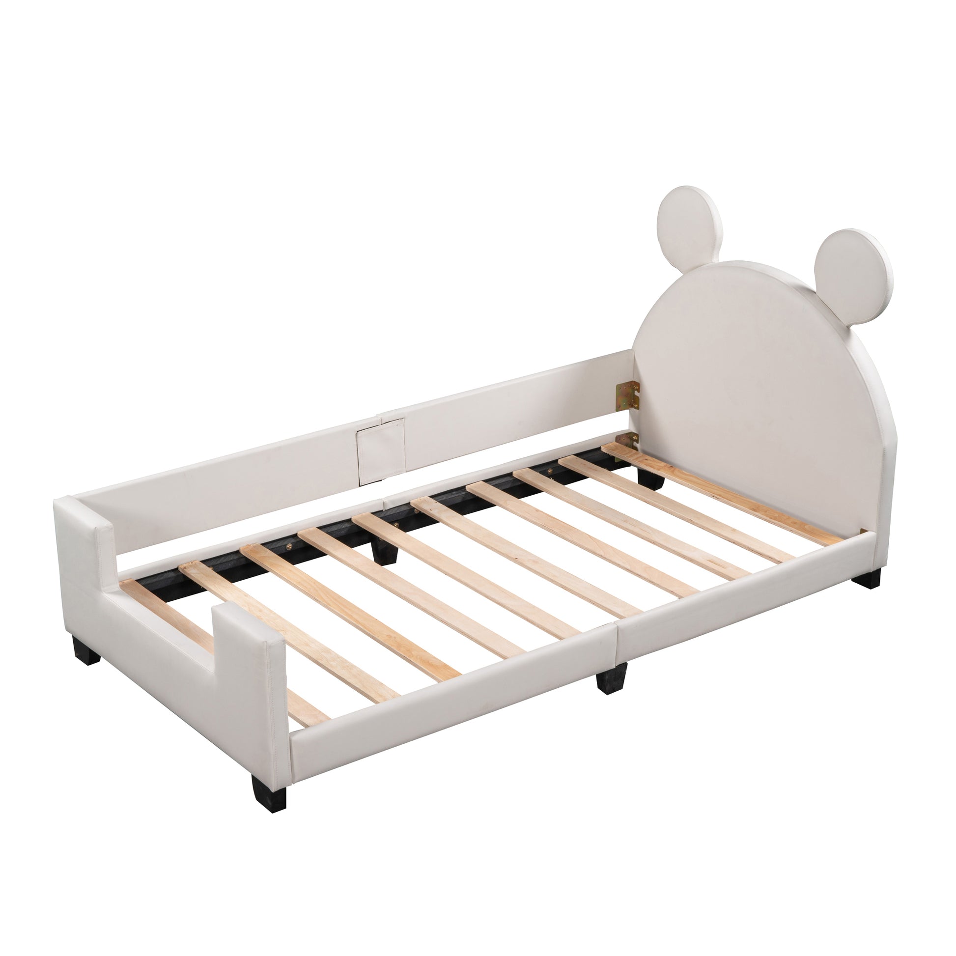 Twin Size Upholstered Daybed With Carton Ears Shaped Headboard, White White Pu Leather