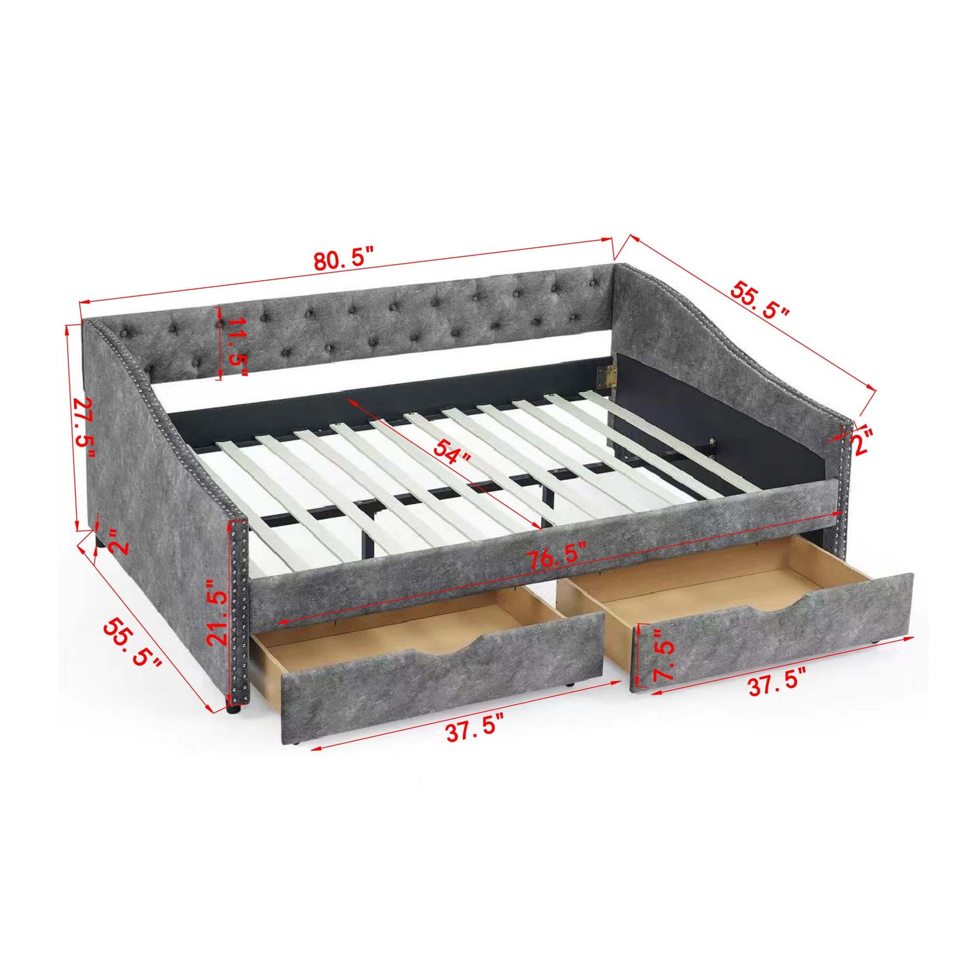 Full Size Daybed With Drawers Upholstered Tufted Sofa Bed, With Button On Back And Copper Nail On Waved Shape Arms 80.5''X55.5''X27.5'' Dark Grey Linen