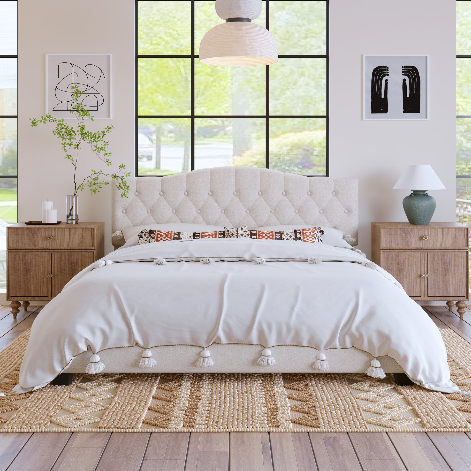 Upholstered Platform Bed With Saddle Curved Headboard And Diamond Tufted Details, King, Beige Beige Linen