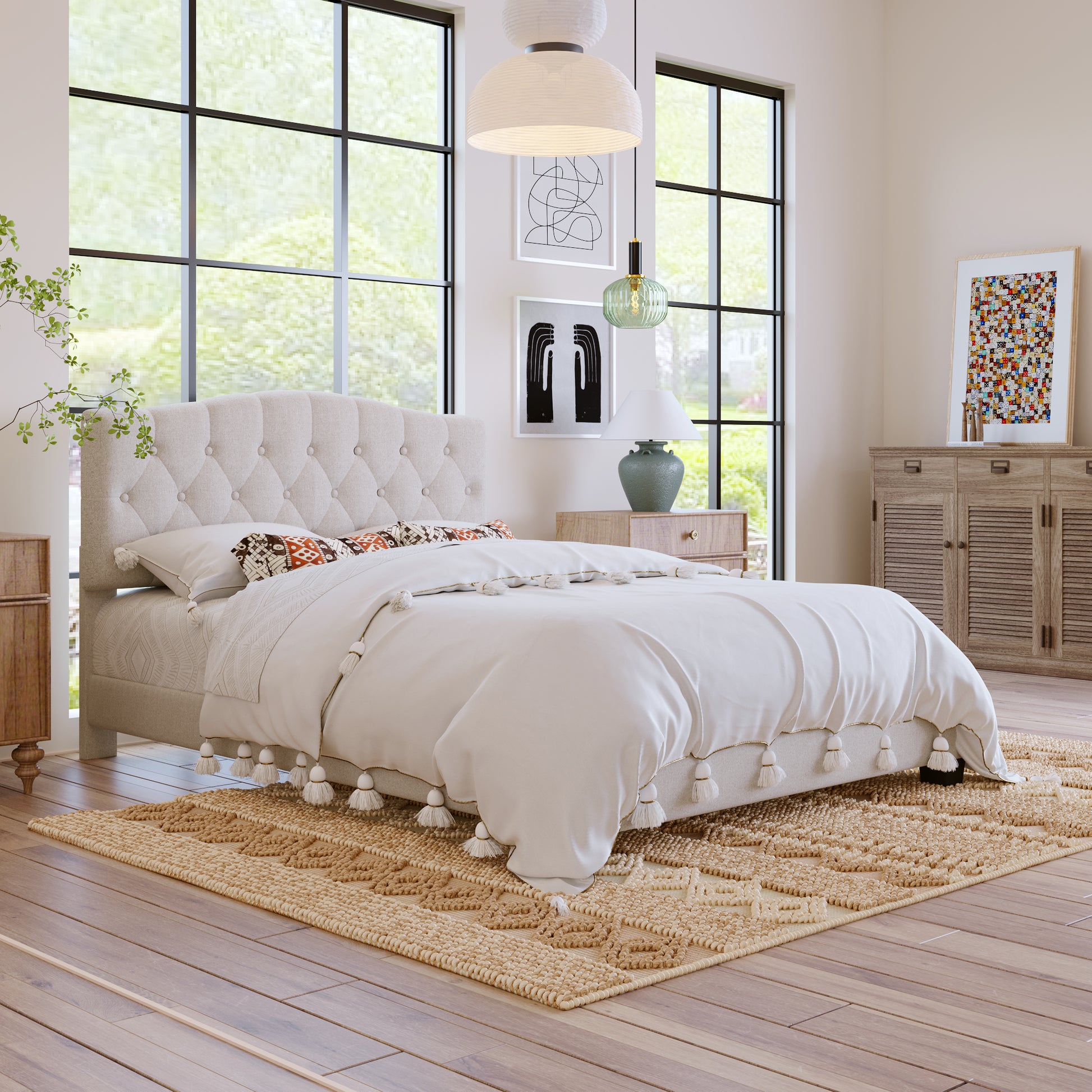 Upholstered Platform Bed With Saddle Curved Headboard And Diamond Tufted Details, Queen, Beige Beige Linen