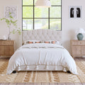 Upholstered Platform Bed With Saddle Curved Headboard And Diamond Tufted Details, Queen, Beige Beige Linen