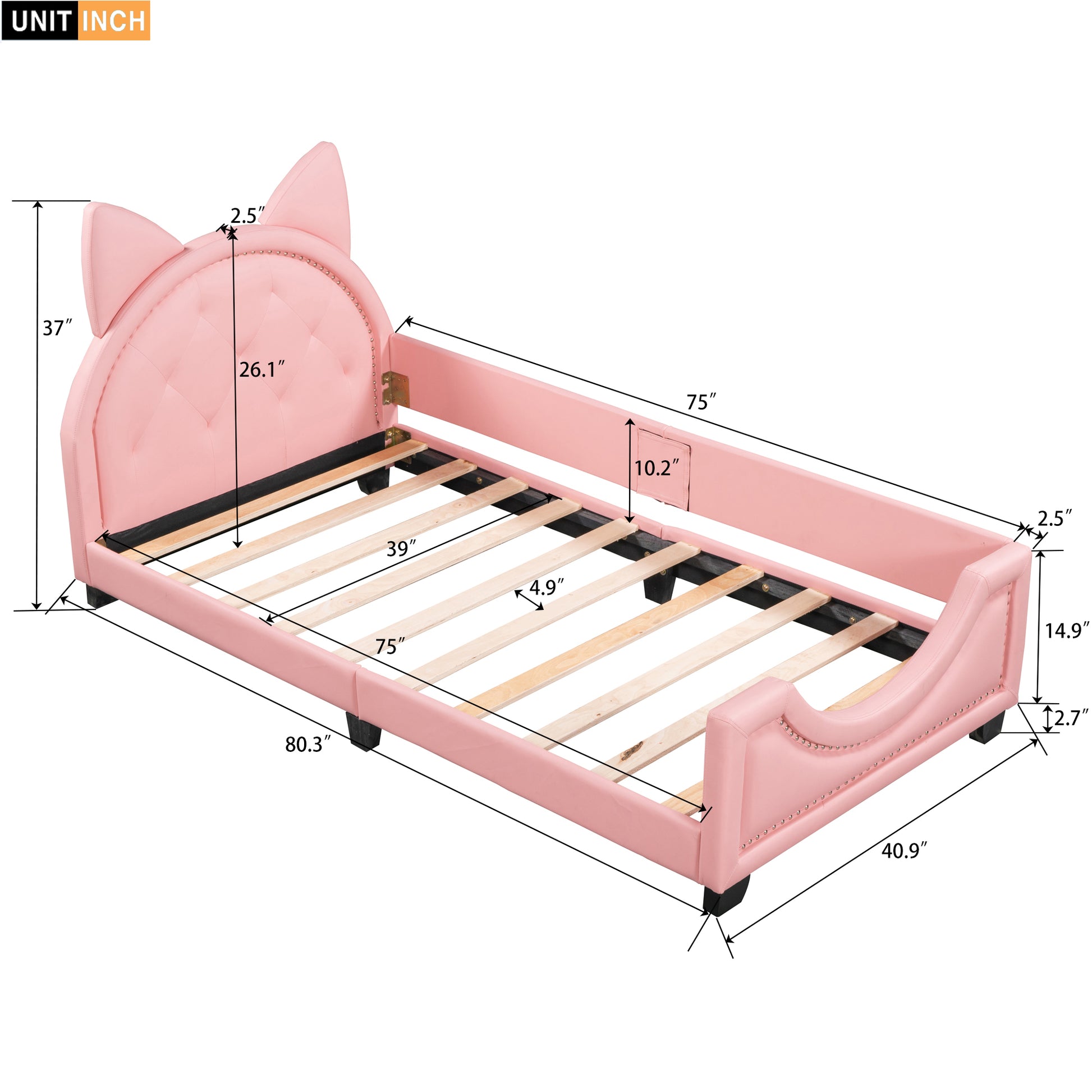 Twin Size Upholstered Daybed With Carton Ears Shaped Headboard, Pink Pink Pu Leather