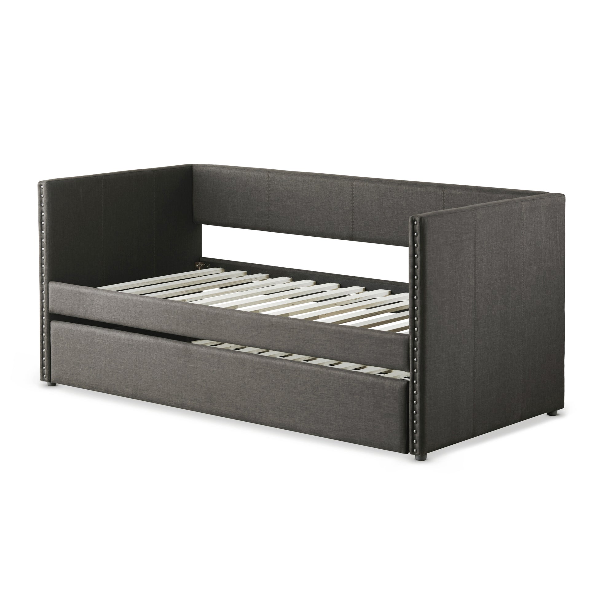 Gray Fabric Upholstered 1Pc Day Bed With Pull Out Trundle Trim Wood Frame Furniture Box Spring Not Required Gray Bedroom Wood