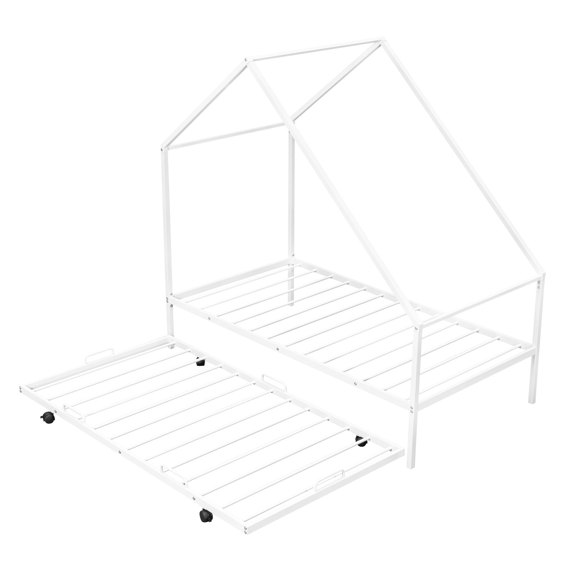 Metal House Bed With Trundle, Twin Size House Bed White White Metal
