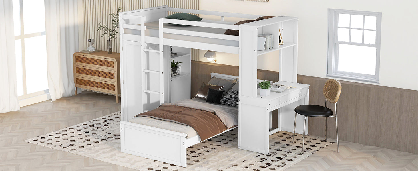 Twin Size Loft Bed With A Stand Alone Bed, Shelves,Desk,And Wardrobe White White Solid Wood