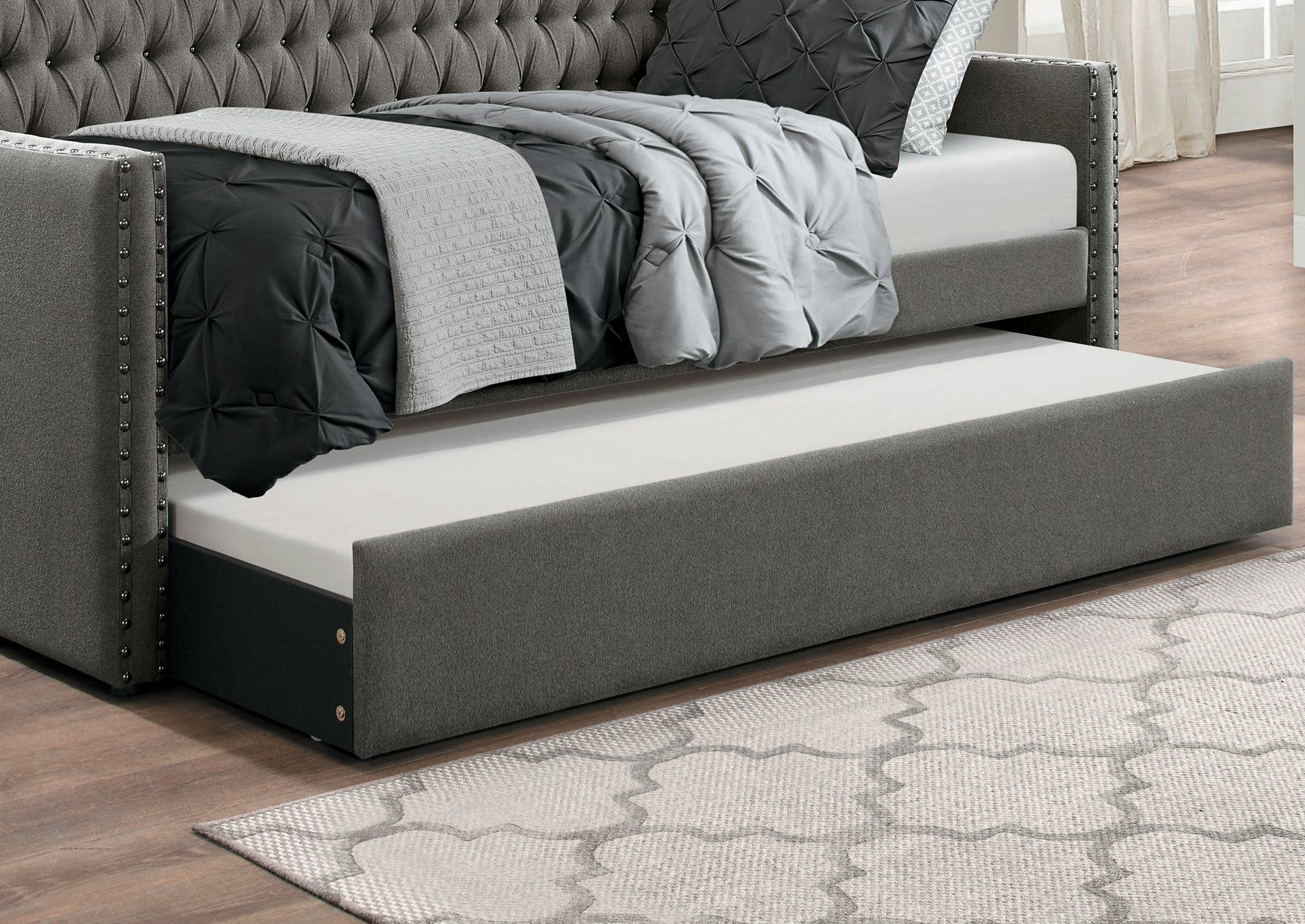 Modern Design Dark Gray Fabric Upholstered 1Pc Sofa Bed W Trundle Button Tufted Detail Trim Day Bed Box Spring Not Required Dark Gray Wood Bedroom Modern,Traditional Wood