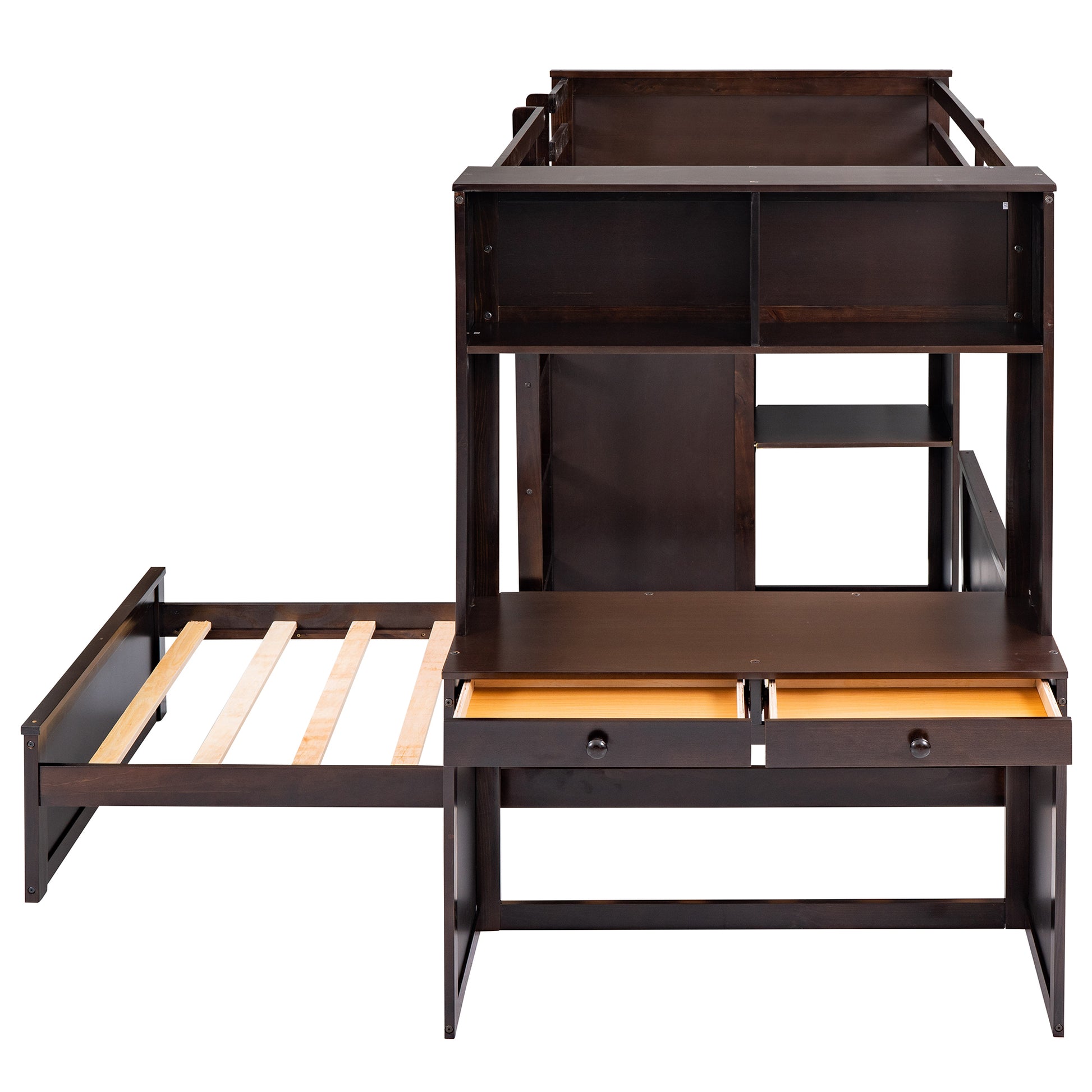 Twin Size Loft Bed With A Stand Alone Bed, Shelves,Desk,And Wardrobe Espresso Espresso Solid Wood