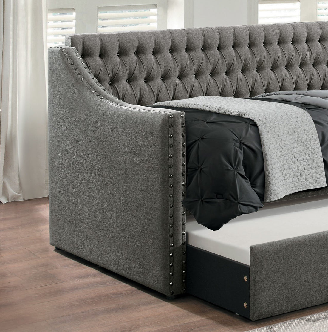 Modern Design Dark Gray Fabric Upholstered 1Pc Sofa Bed W Trundle Button Tufted Detail Trim Day Bed Box Spring Not Required Dark Gray Wood Bedroom Modern,Traditional Wood